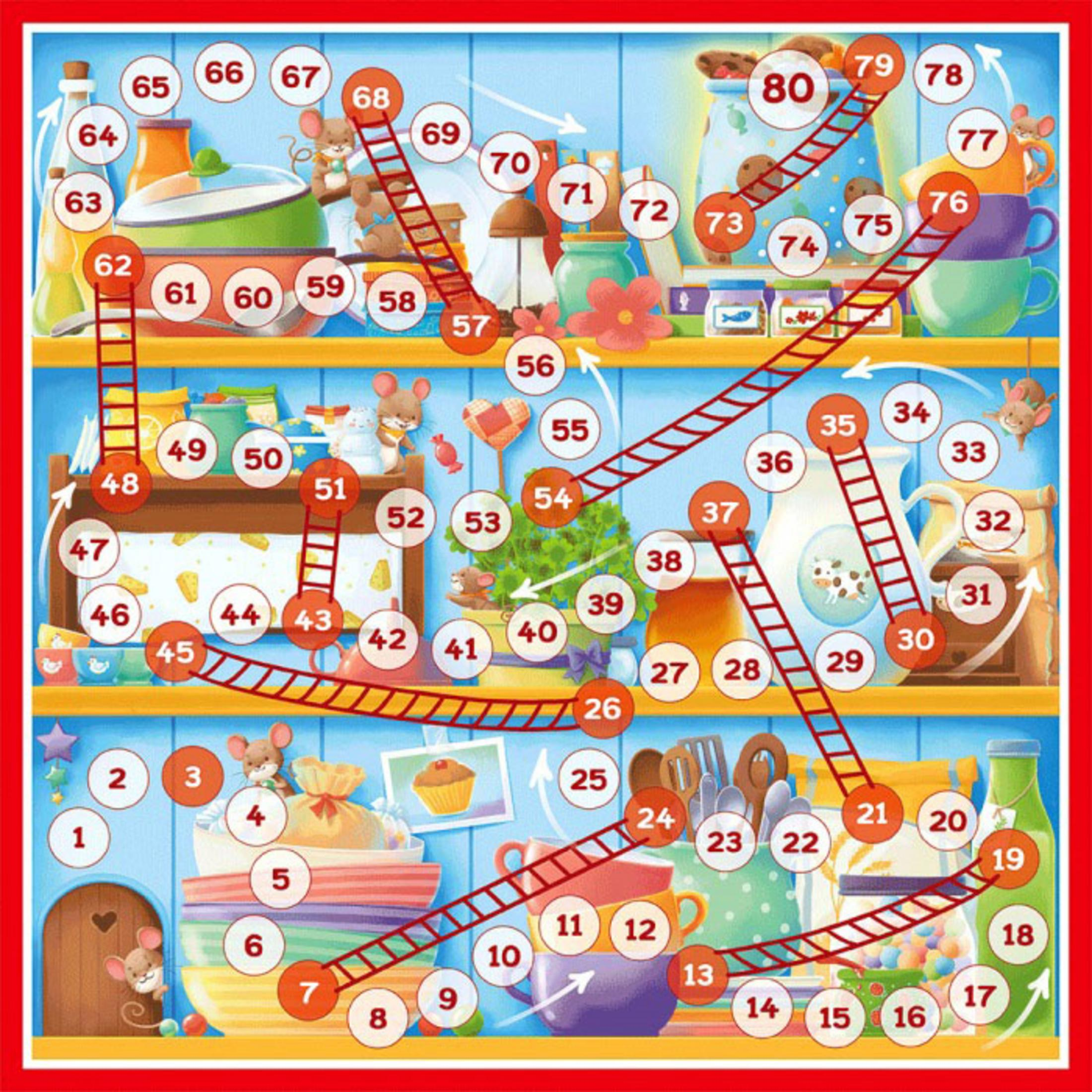 Brettspiel mit Mäusen und Leitern. Rotes, gelbes, grünes, blaues und lila Spielbrett.