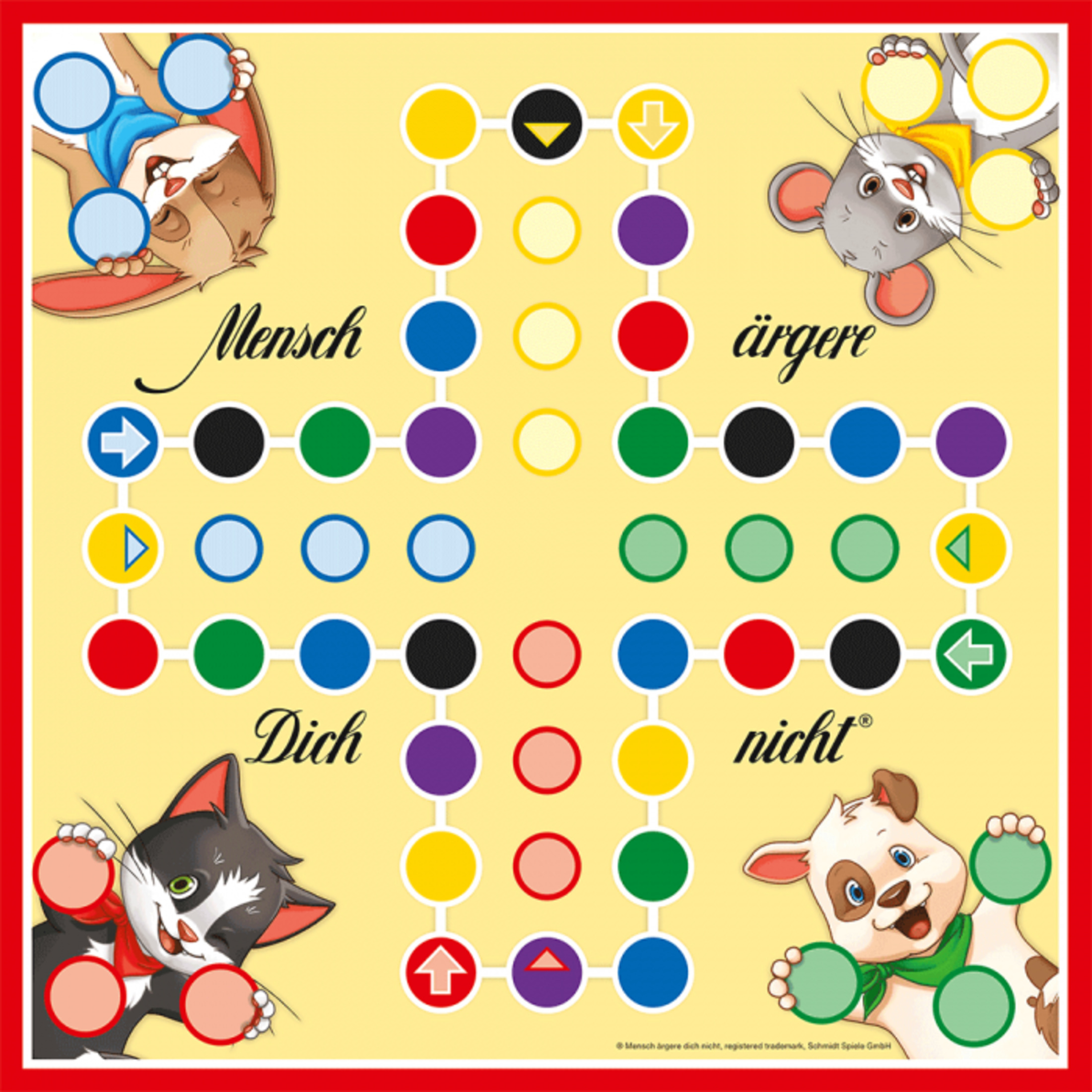 Brettspiel mit gelbem Hintergrund. Das Spiel ist Mensch ärgere Dich nicht Kids mit Figuren.