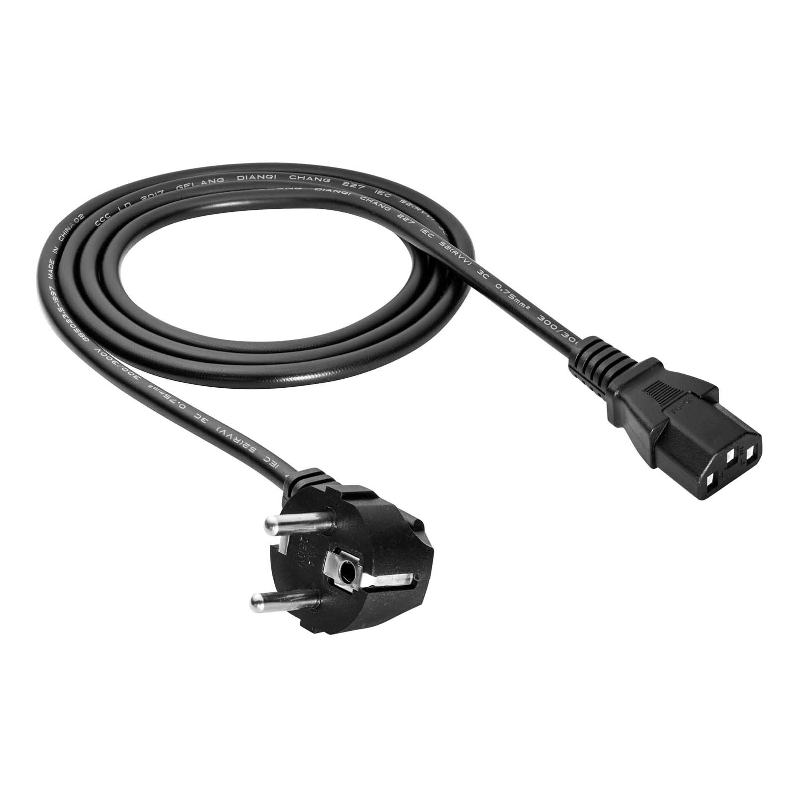 Czarny kabel zasilający z wtyczką europejską i trzypinowym złączem na białym tle.