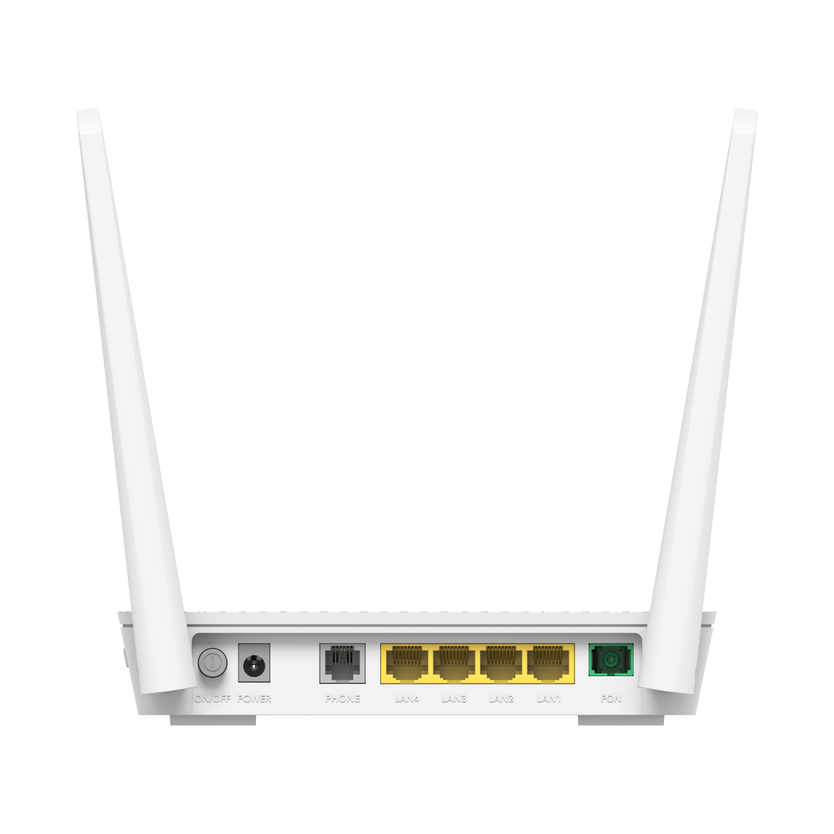 Biały router Wi-Fi z dwiema antenami i wieloma portami z tyłu.