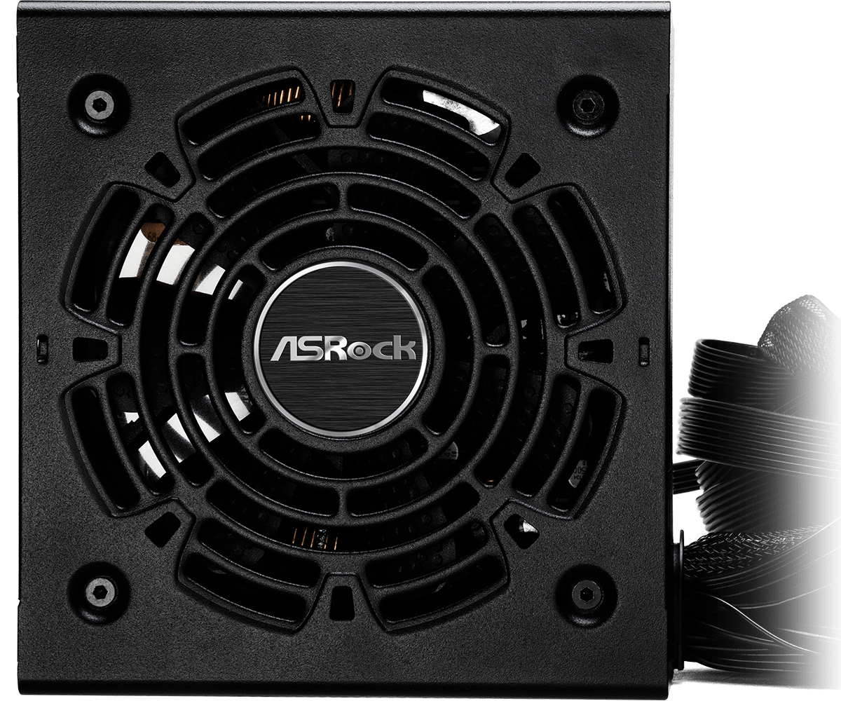 Czarny zasilacz, widok z przodu. Wentylator z logo ASRock. Czarny i biały. Białe tło.