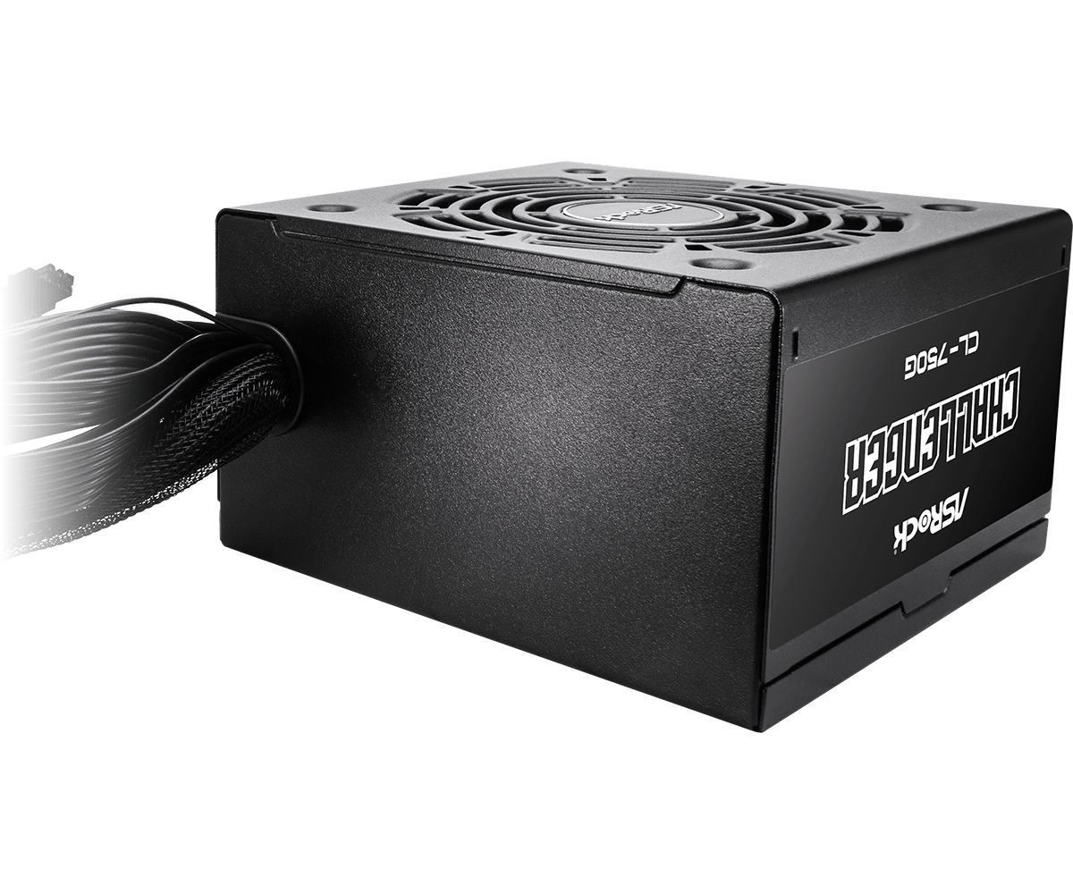 Czarny zasilacz z wentylatorem na górze i kablami z boku.