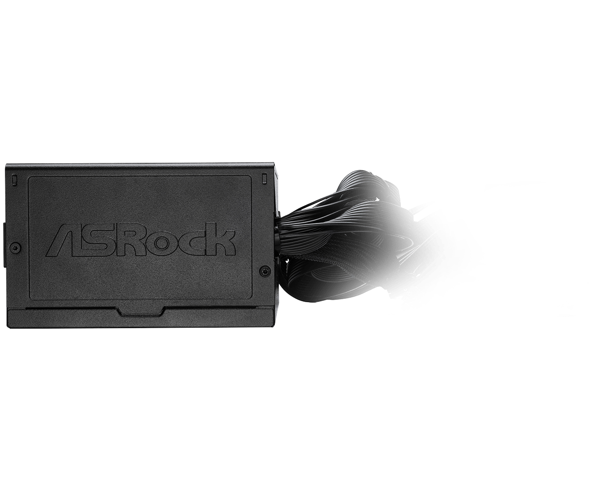 Czarny zasilacz ASRock z czarnymi kablami na białym tle.