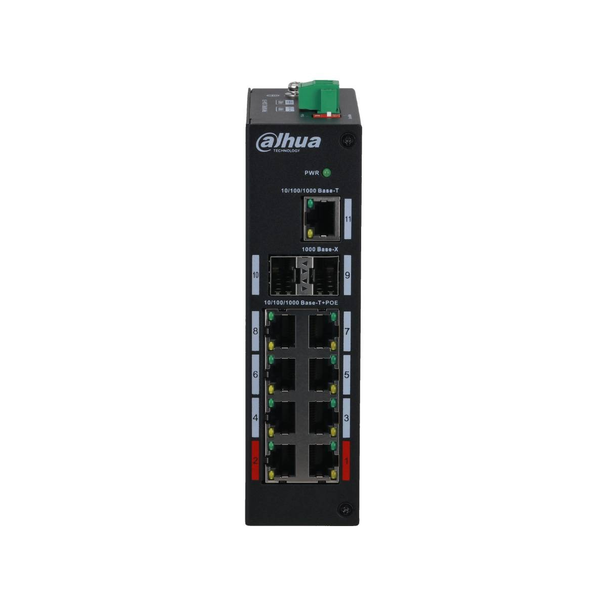 Zwarte Dahua netwerkswitch met ethernetpoorten en een groen lampje, op een witte achtergrond.