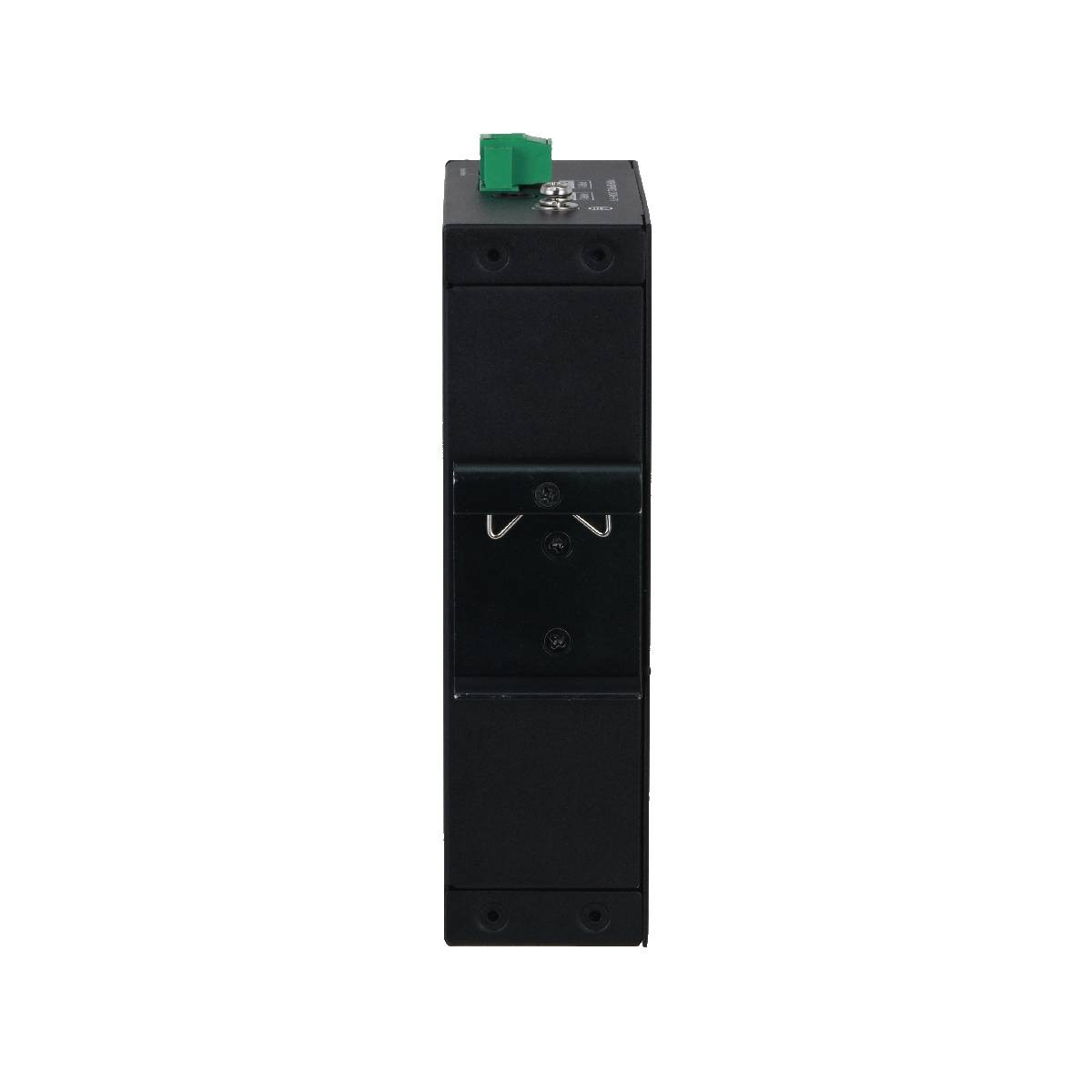 Zwart elektronisch onderdeel met groene knop. Het heeft schroeven en een donker oppervlak.