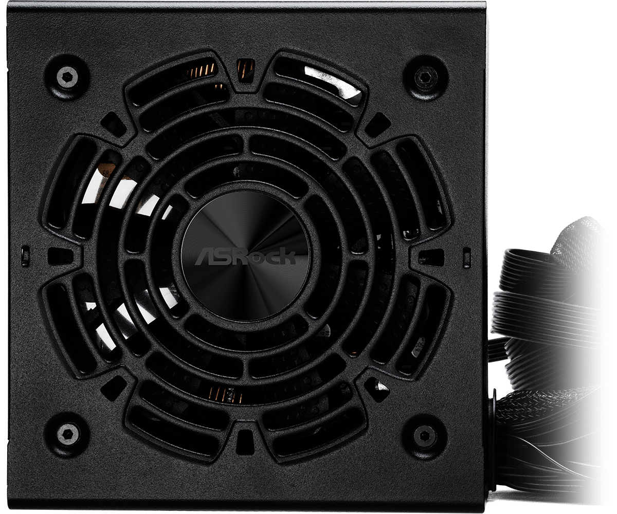 Zasilacz ASRock Challenger, widok z góry z wentylatorem, na białej powierzchni, z kablami.