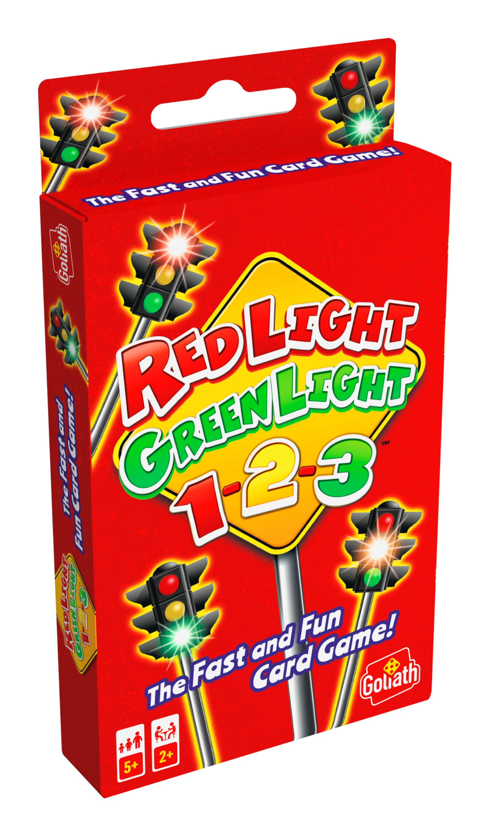 Pudełko gry karcianej Red Light Green Light z ilustracjami świateł drogowych i tekstem.