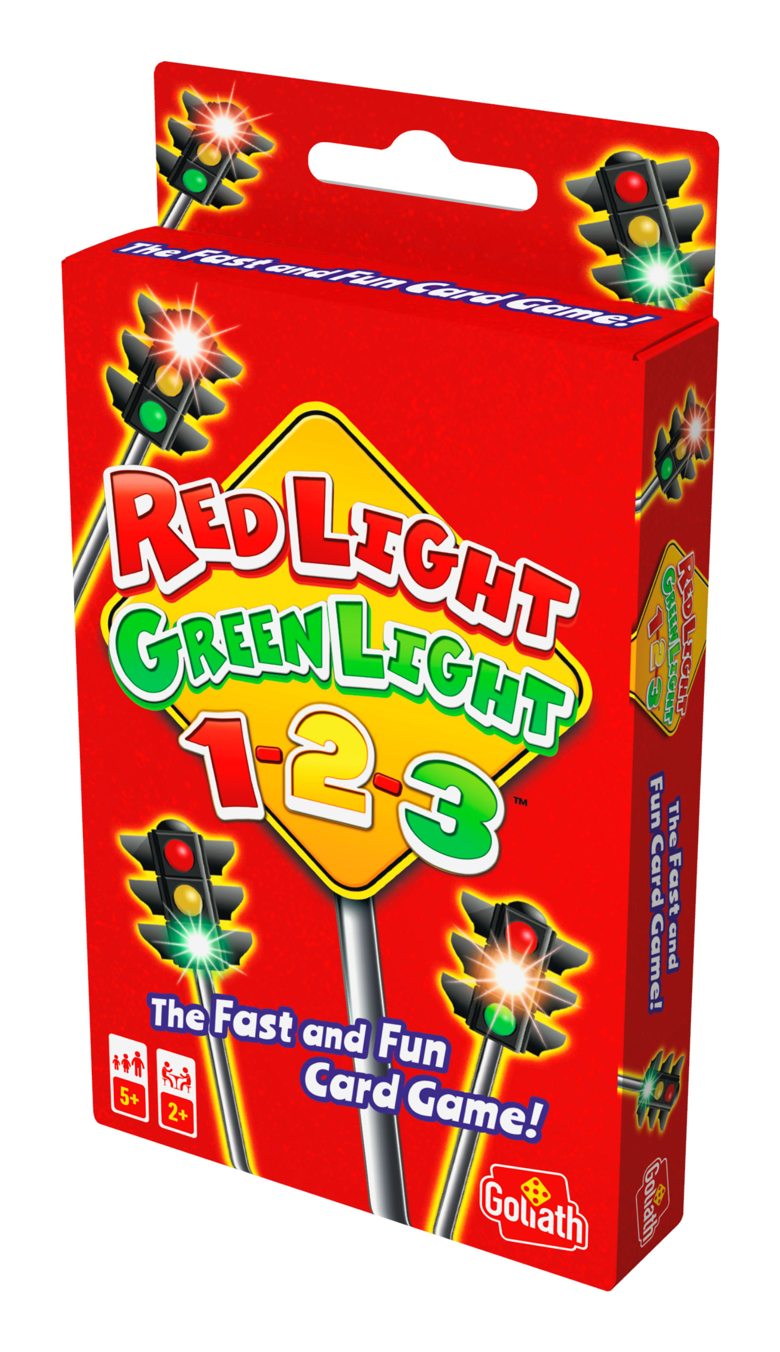 Pudełko gry karcianej Red Light Green Light z ilustracjami świateł drogowych i tekstem.