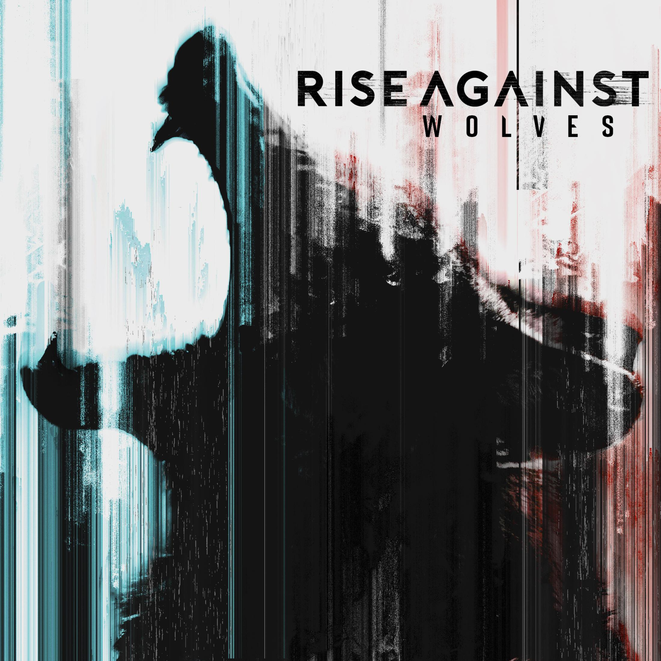 Albumhoes van Rise Against's "Wolves", zwart-wit, met een wolfskop, op witte achtergrond.