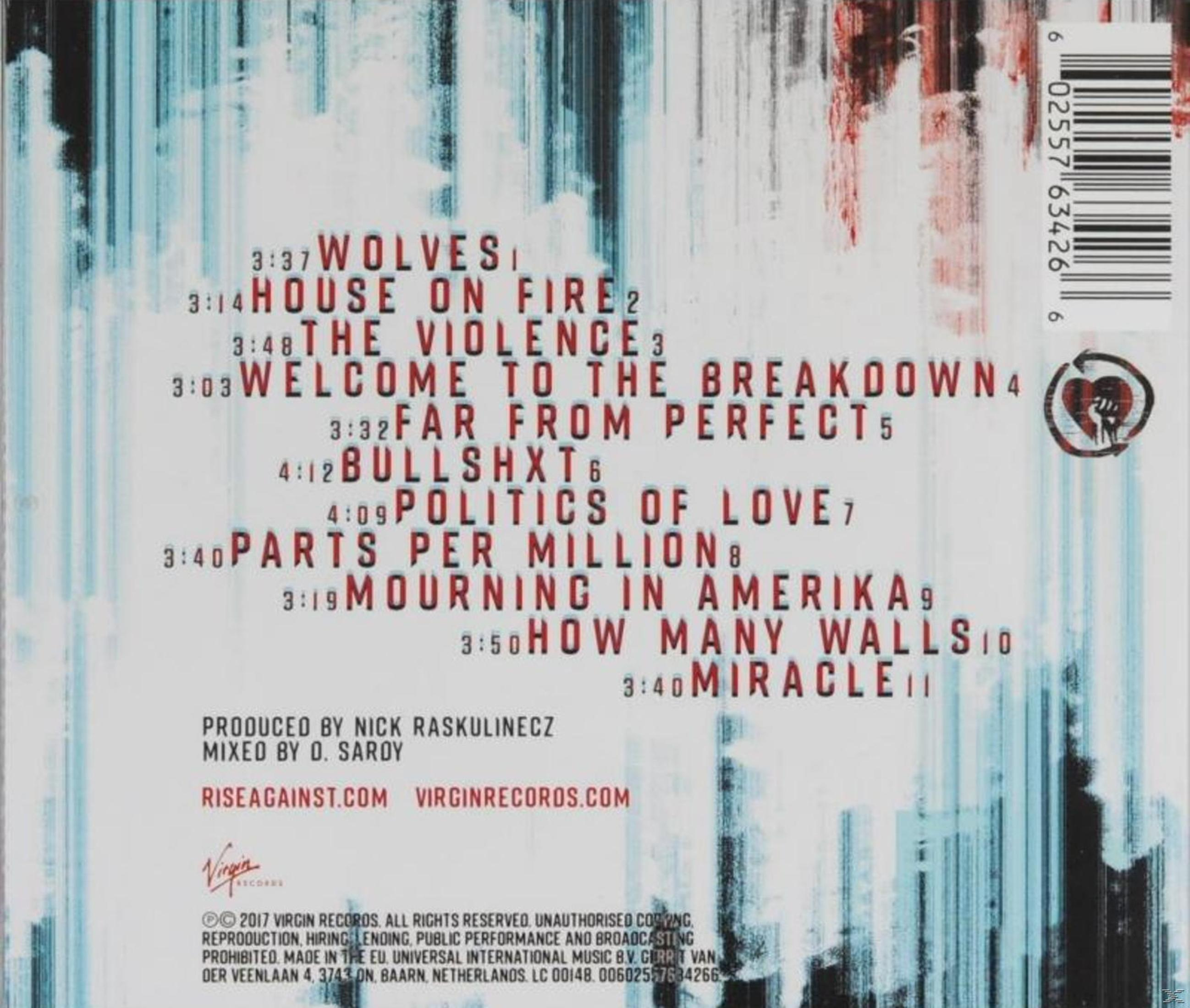 Achterkant van Rise Against's "Wolves" album, met tracklist en credits, op witte achtergrond.