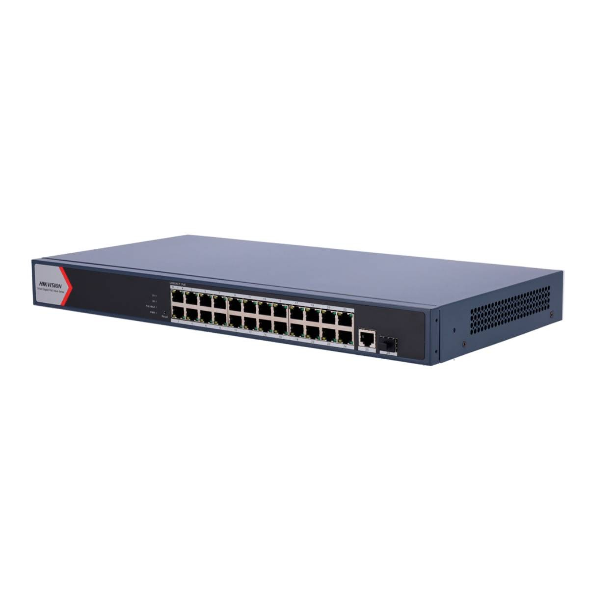 Un switch de red de color oscuro con múltiples puertos, diseñado para la conectividad de red.