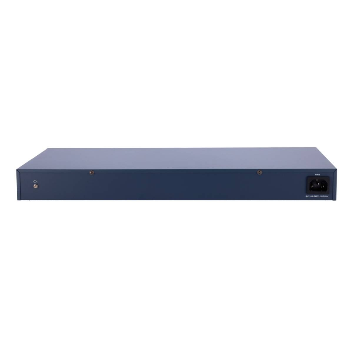 Parte trasera de un switch de red negro con puertos y entrada de alimentación, sobre fondo blanco.