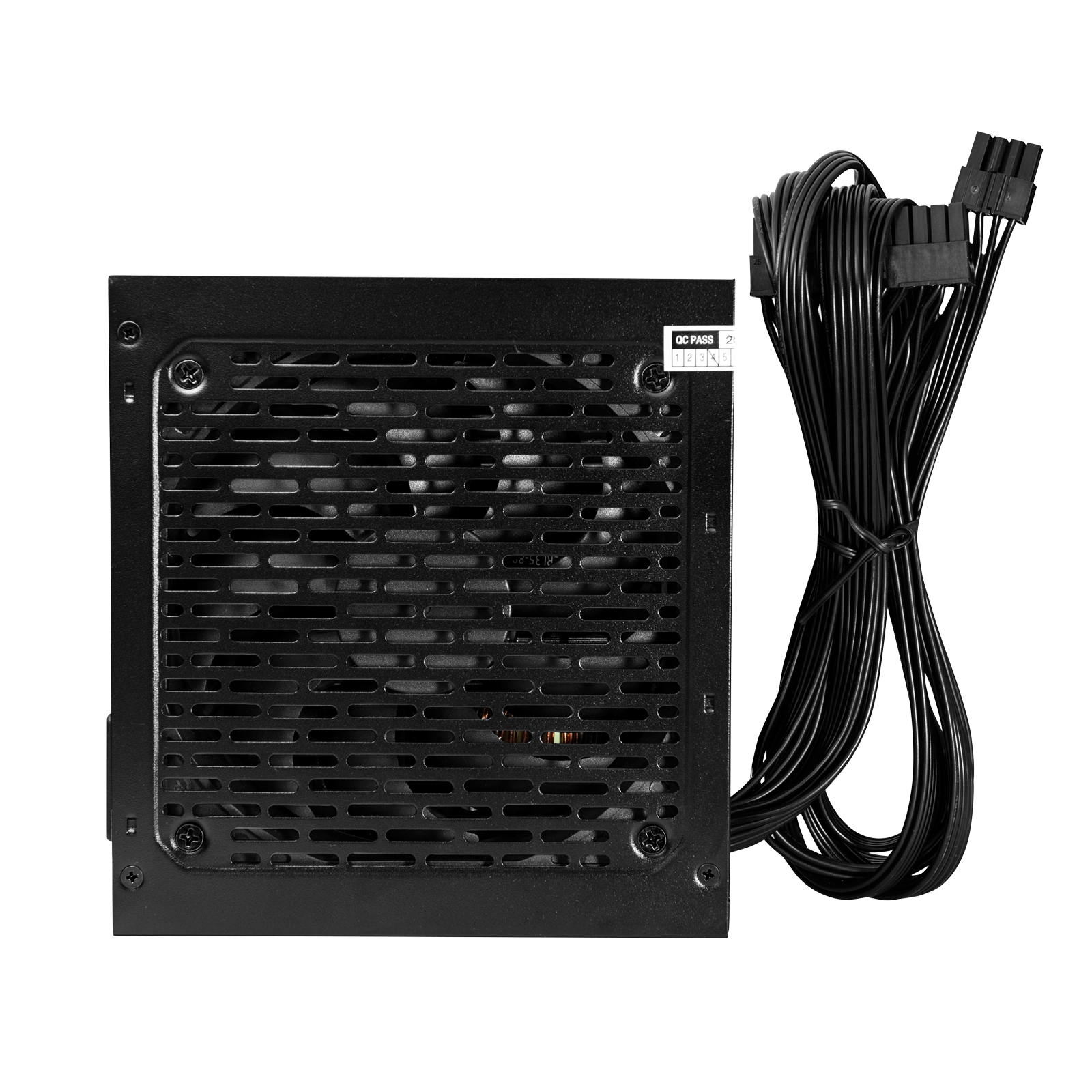 Alimentatore nero con ventola e cavi, su sfondo bianco.