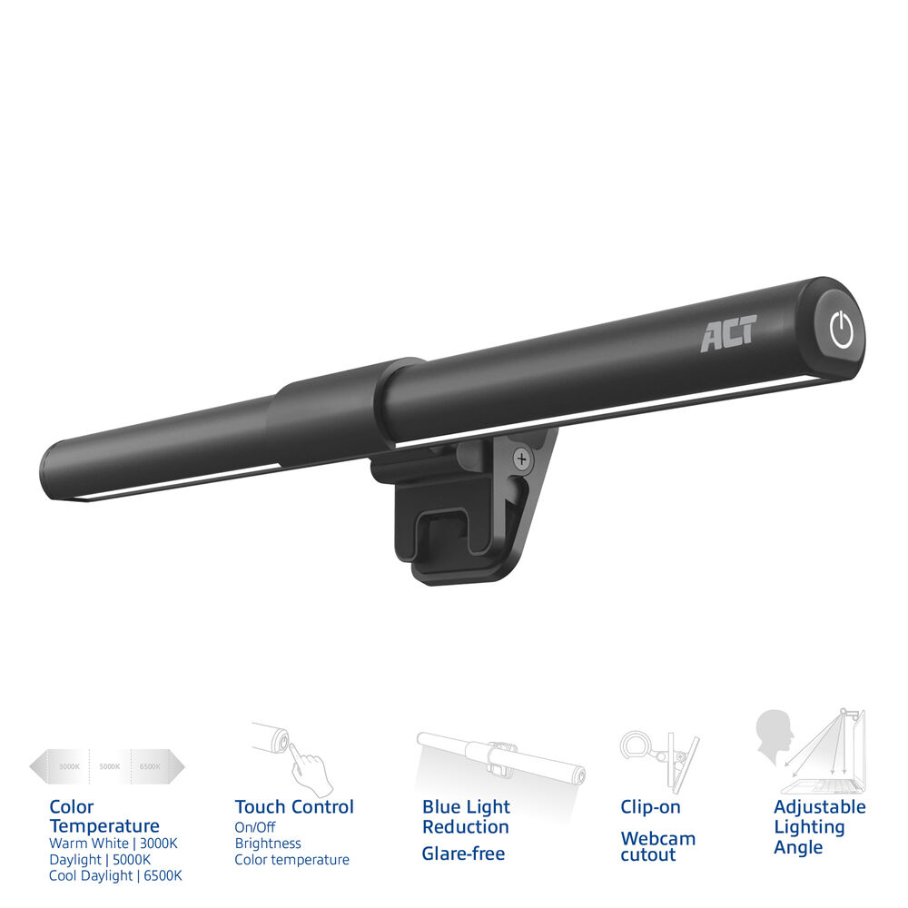 Black desk lamp with touch control, blue light reduction, webcam cutout, and adjustable lighting.