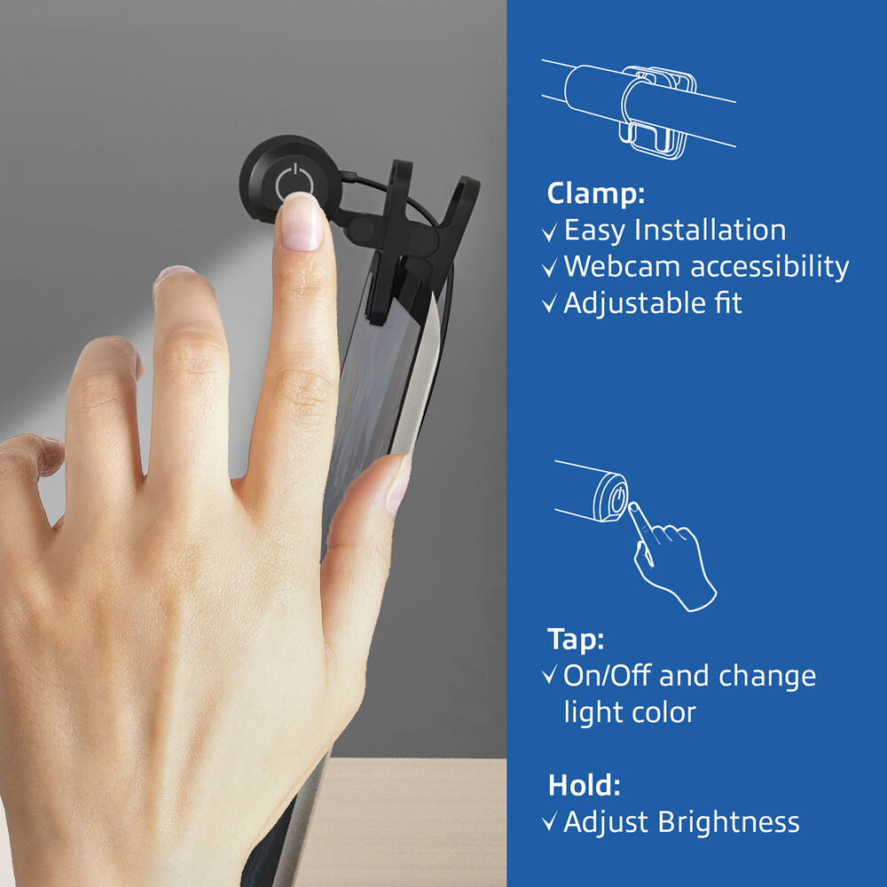 A hand holding a phone with a clamp. Text explains functions: clamp, tap, and hold.
