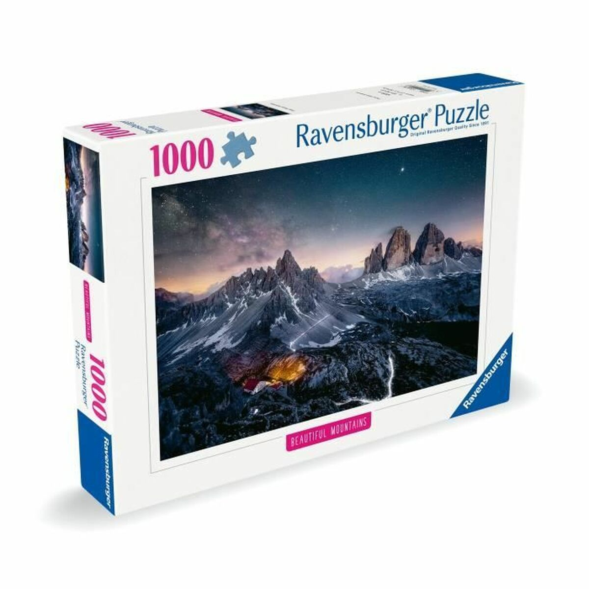 Une boîte de puzzle montrant un paysage de montagne avec un ciel étoilé.