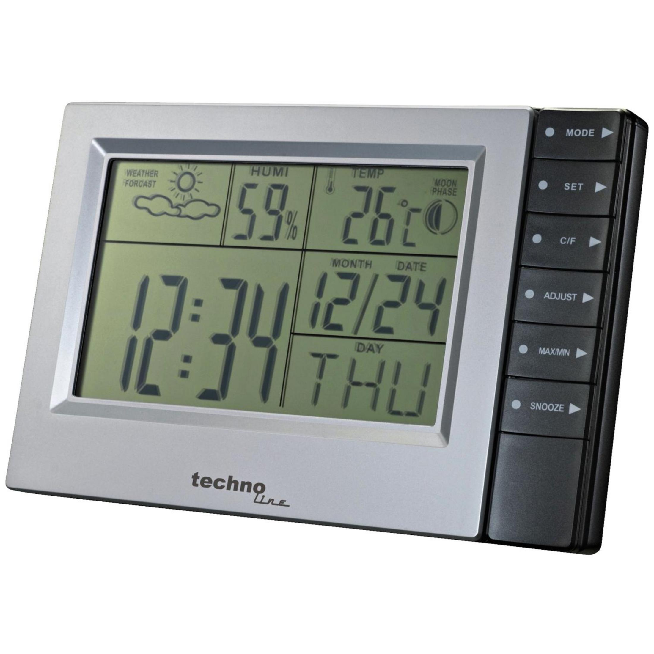 Srebrno-czarna cyfrowa stacja pogodowa z wyświetlaczem pokazującym godzinę, datę i dane pogodowe.