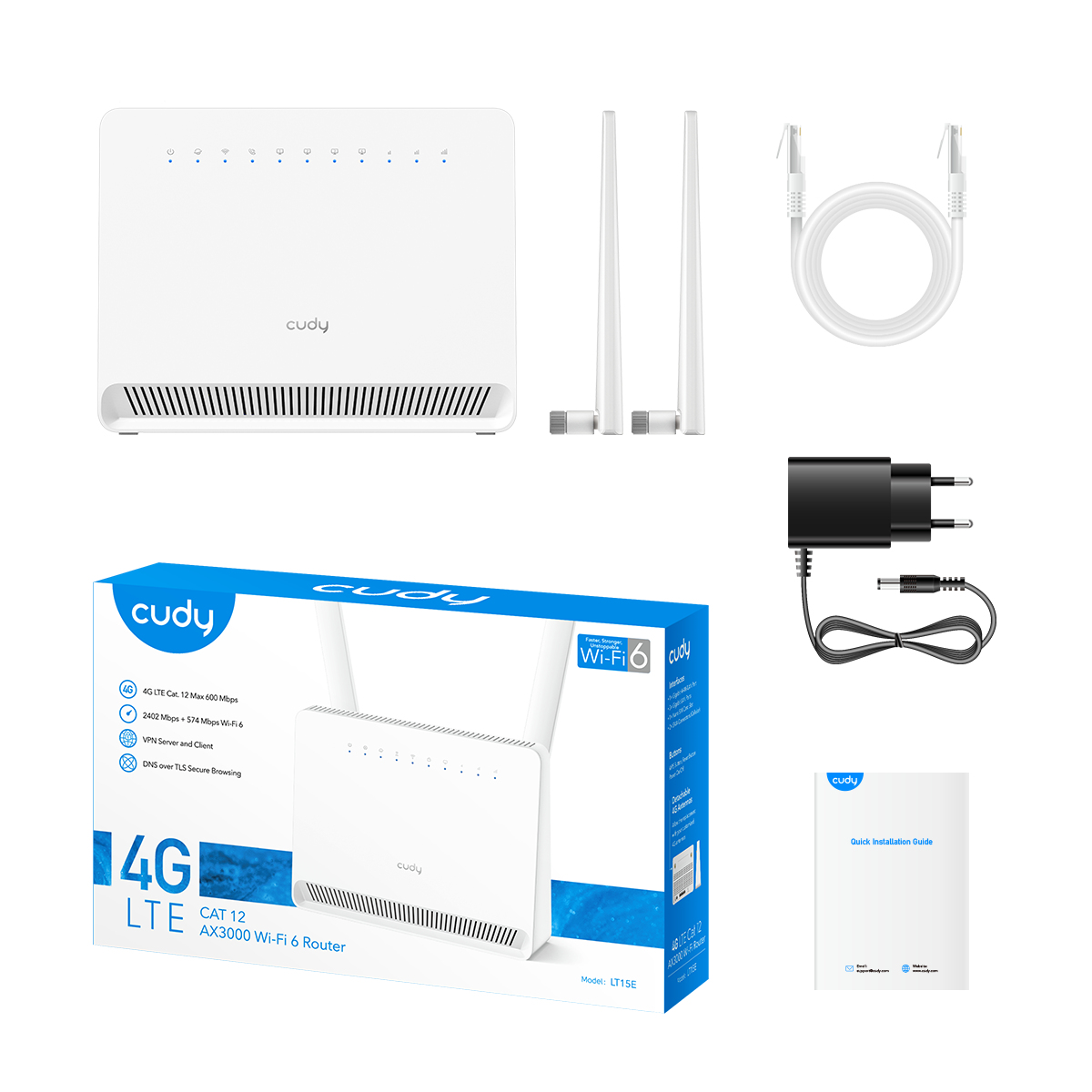 Router, akcesoria i opakowanie. Zawiera router, anteny, zasilacz, kabel i krótki przewodnik.