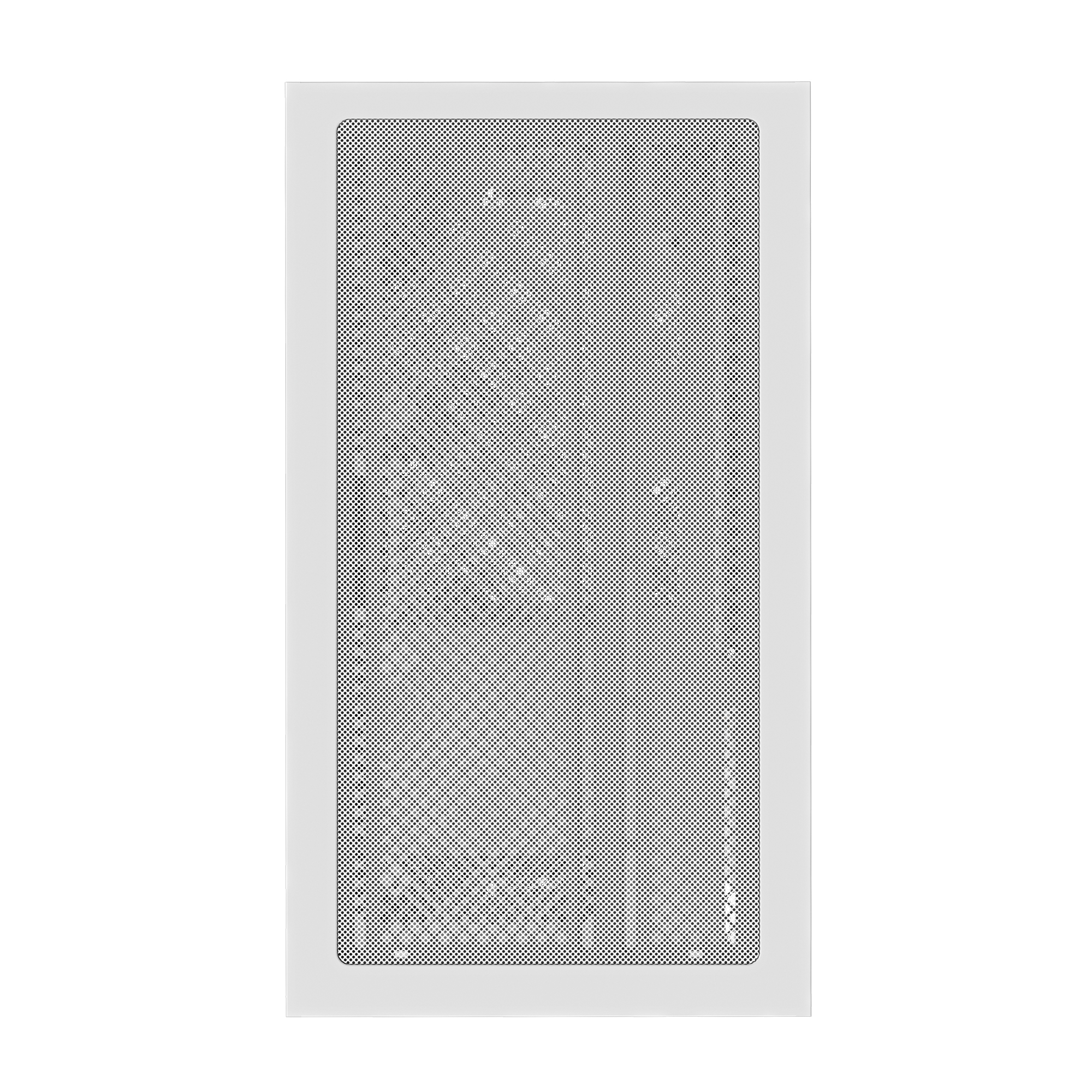 Biała prostokątna maskownica głośnika z licznymi małymi otworami. Prosty, czysty design.