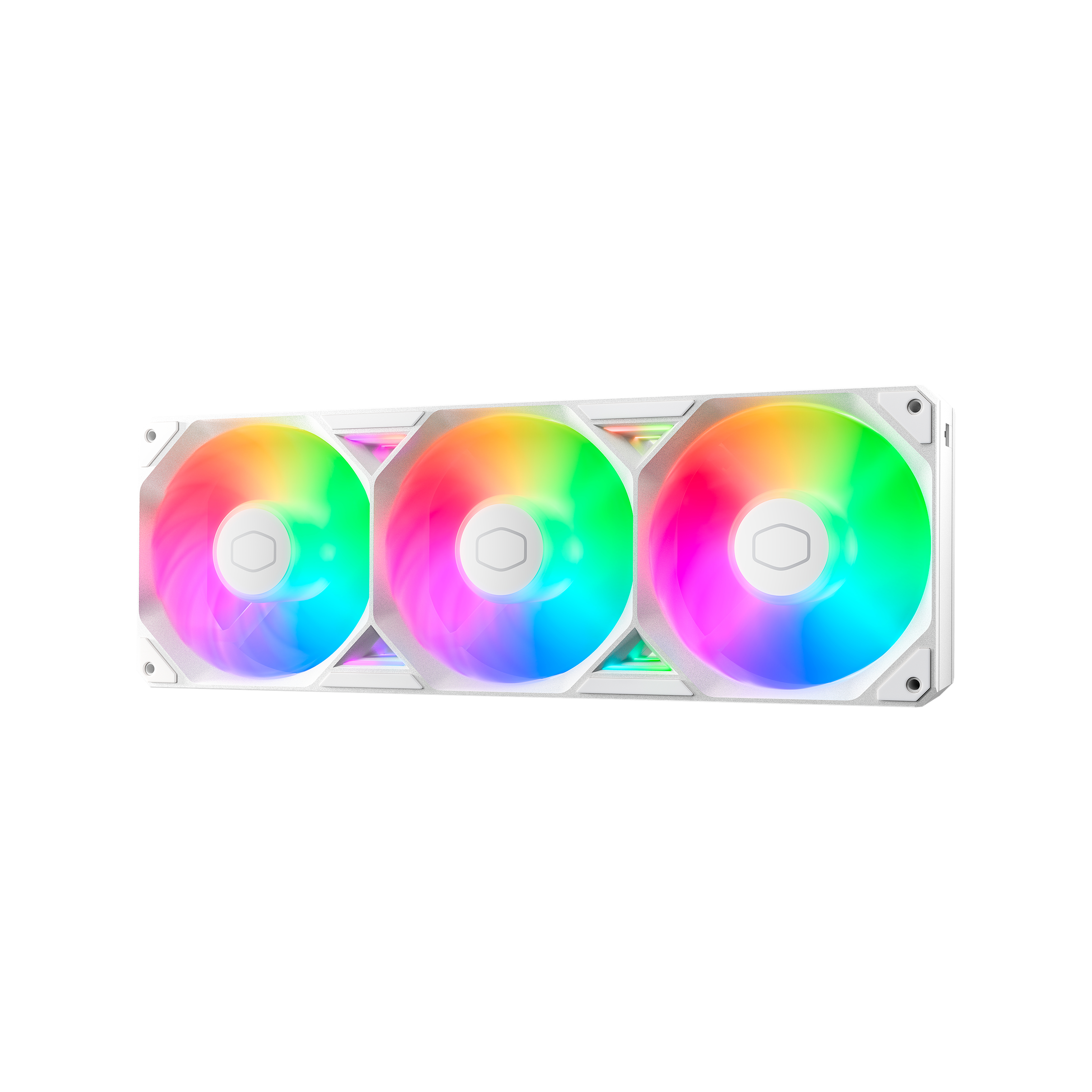 Trois ventilateurs de refroidissement RVB en rangée, cadre blanc, lumières colorées et le logo Cooler Master.