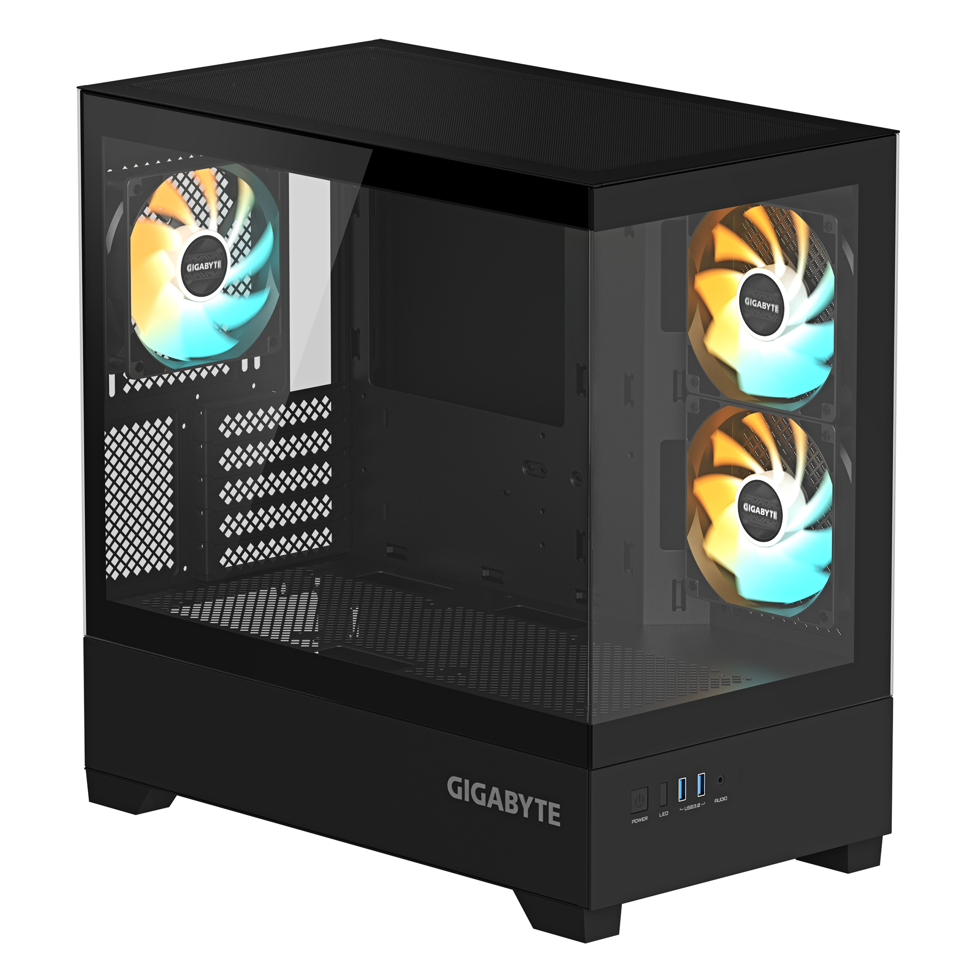 Case per computer nero con pannelli laterali in vetro, due ventole visibili. 'Gigabyte' è scritto sul davanti.