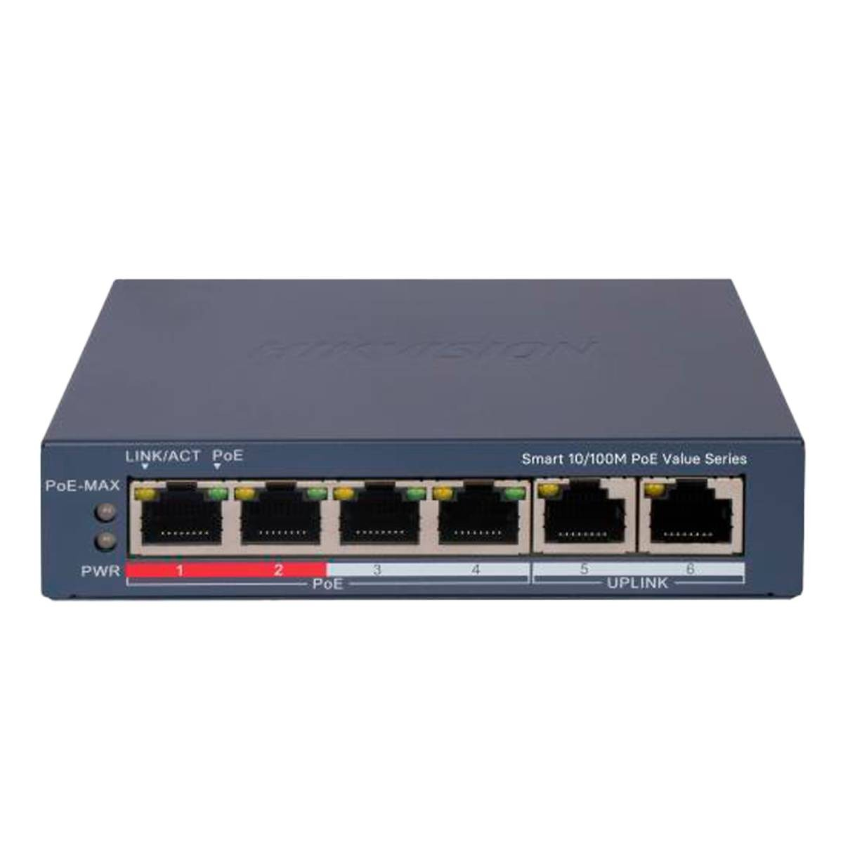 Piccolo switch di rete grigio con 6 porte. Marchio 'Hikvision'.