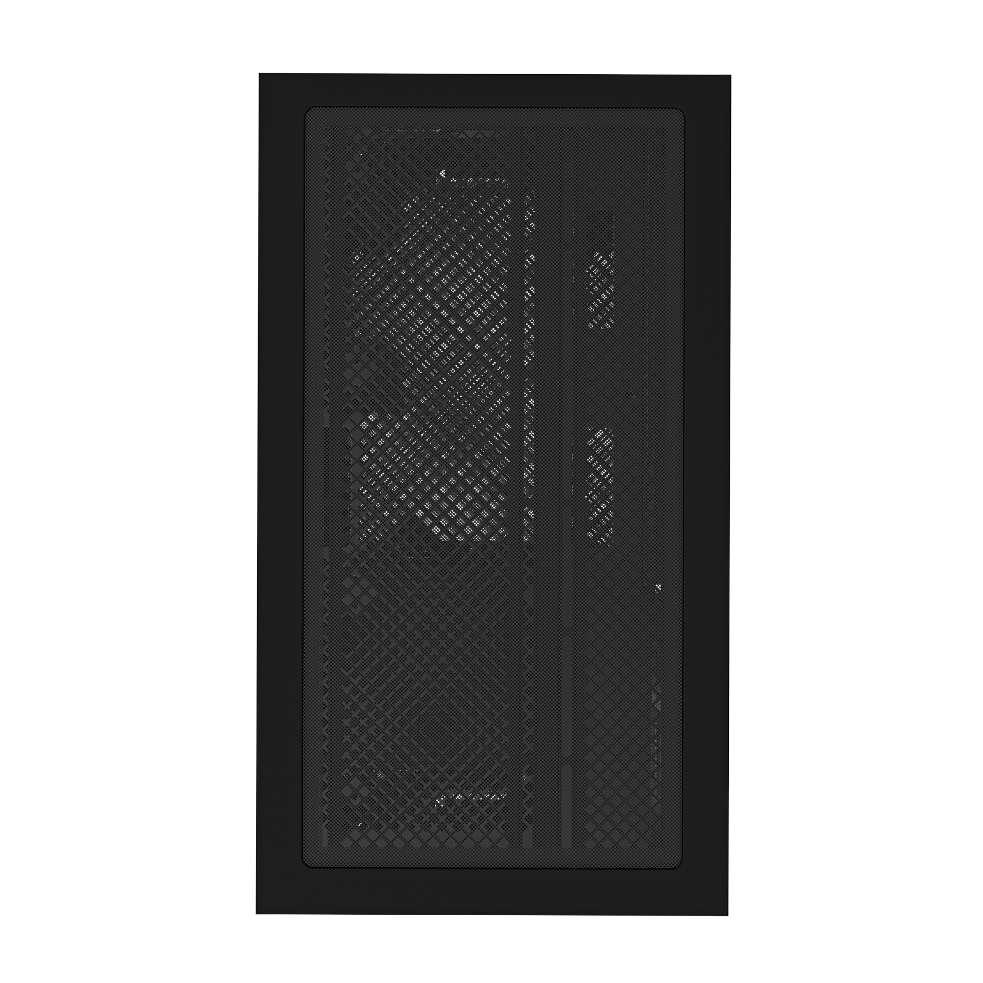 Pannello frontale del case del PC nero con un design a rete, isolato su sfondo nero.