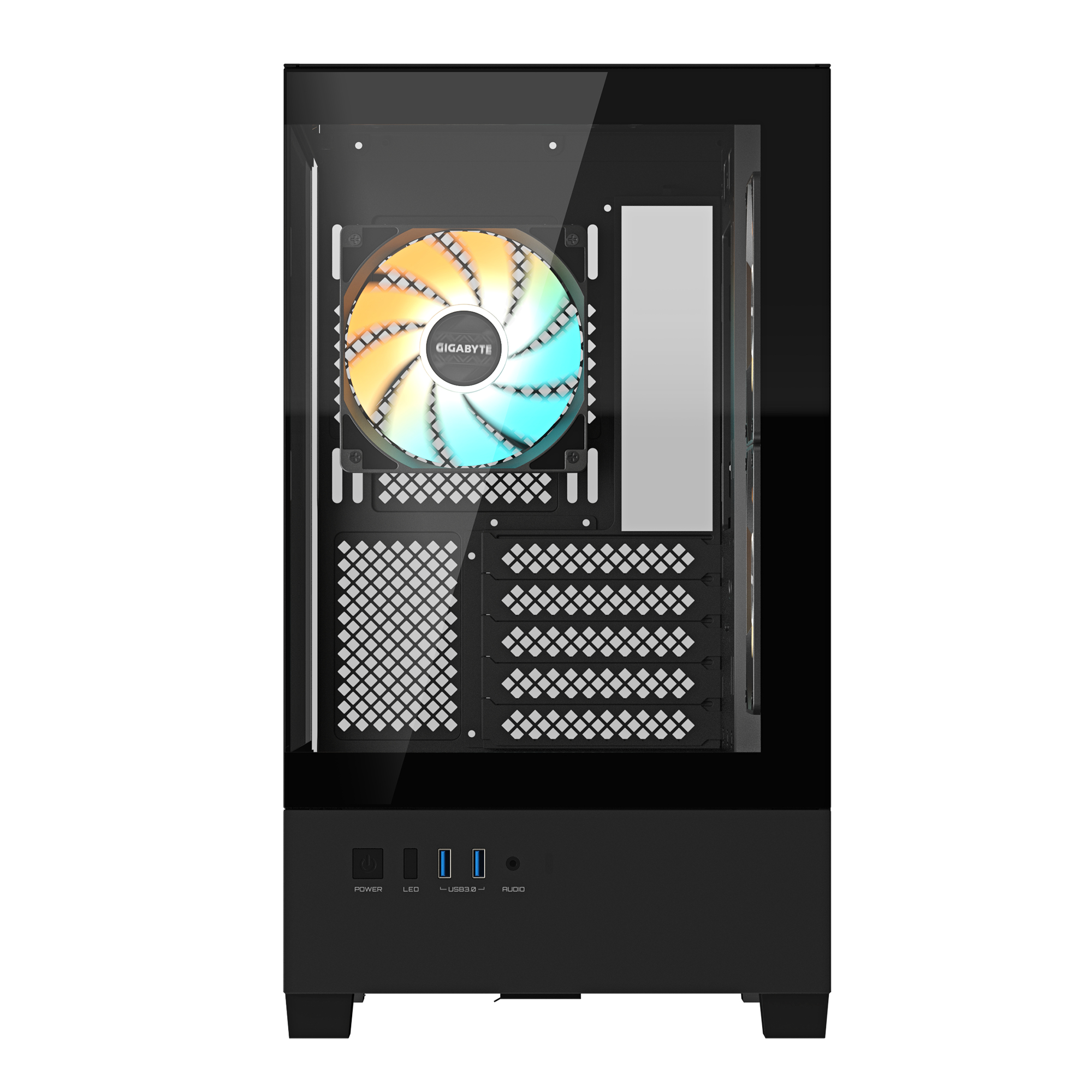 Un case per computer, nero, con una ventola Gigabyte. Sono visibili un pulsante di accensione, LED, USB e porte audio.