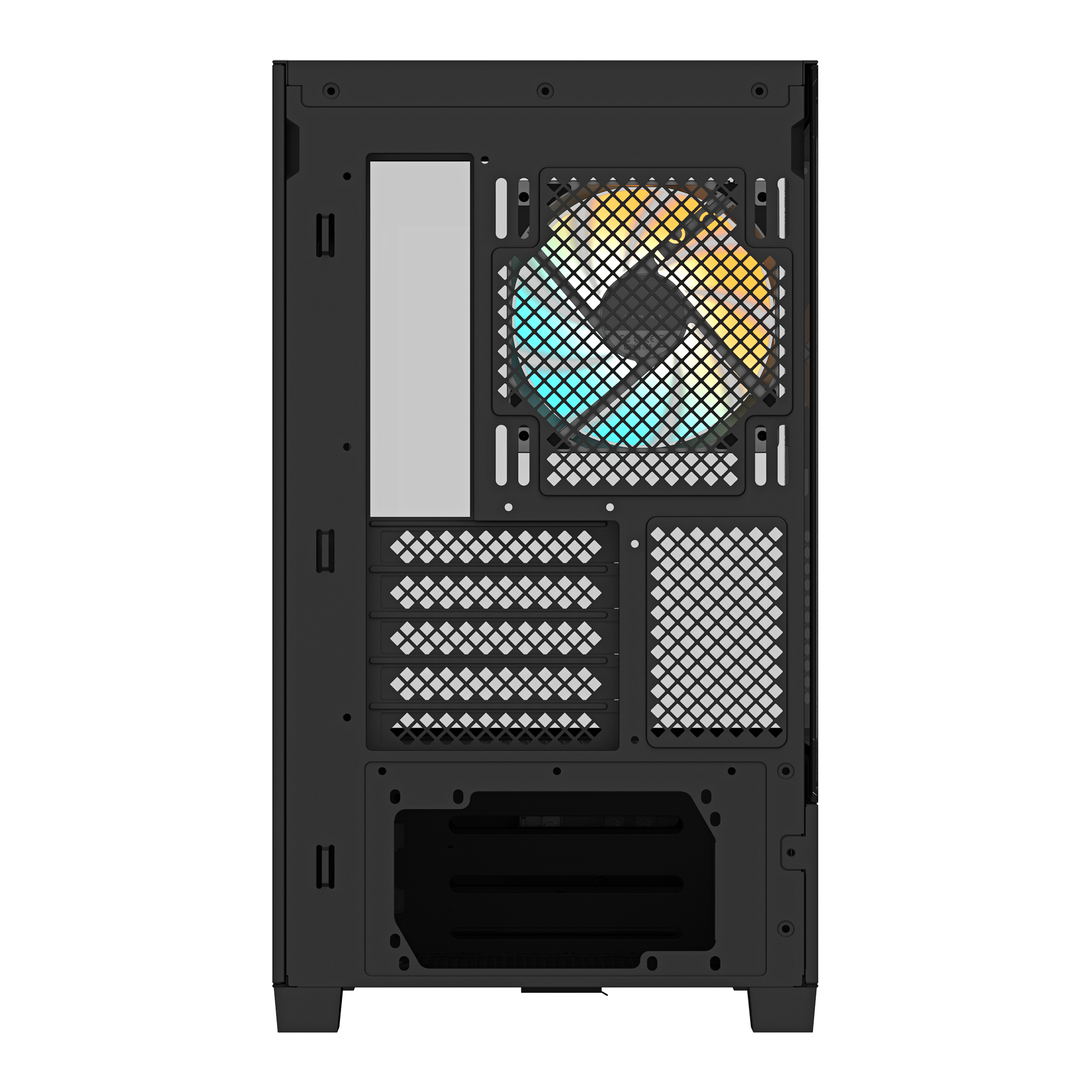 Interno di un case per computer nero con una ventola.