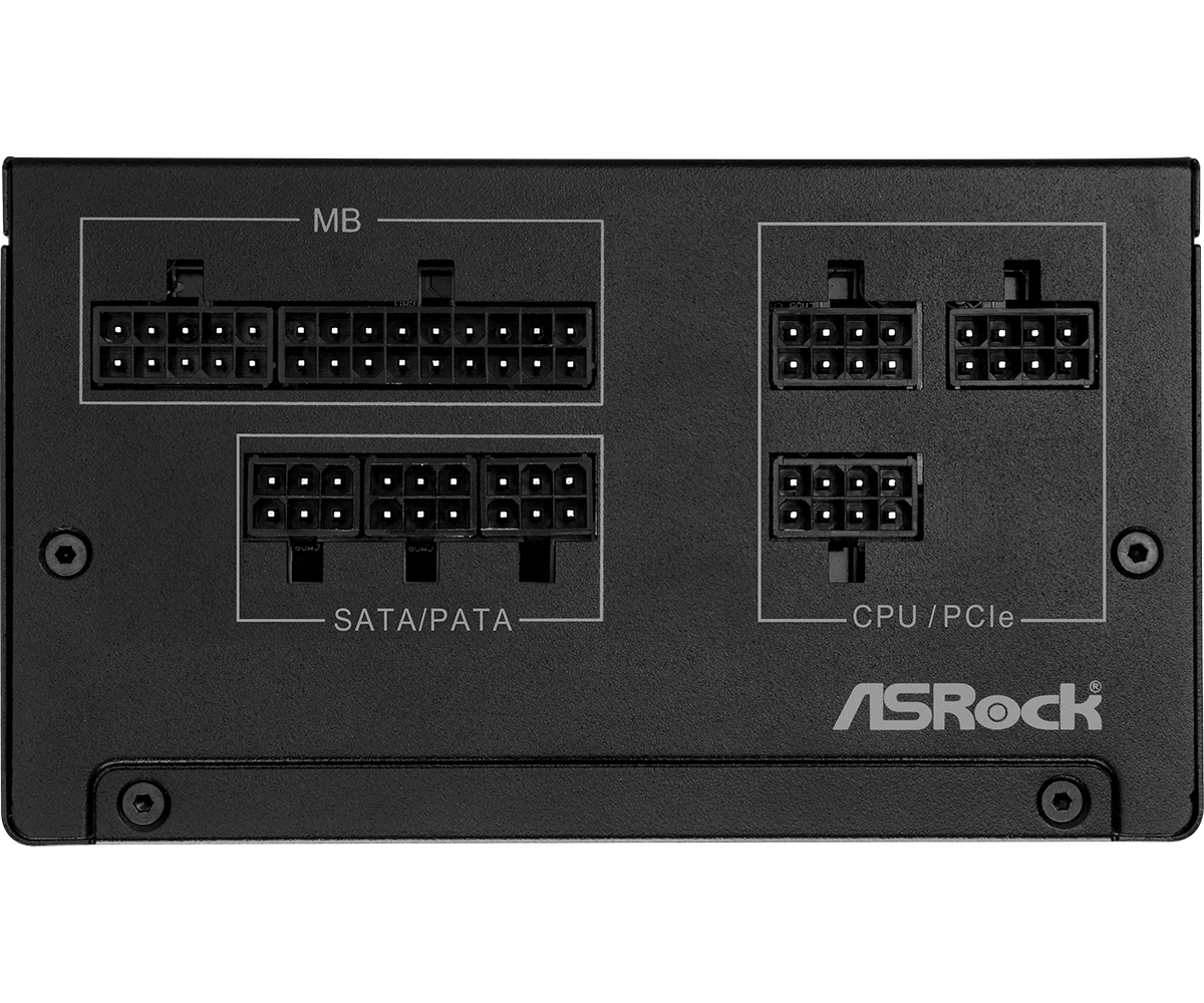 Czarny zasilacz komputerowy z różnymi złączami oznaczonymi MB, SATA/PATA i CPU/PCIe. Marka 'ASRock'.