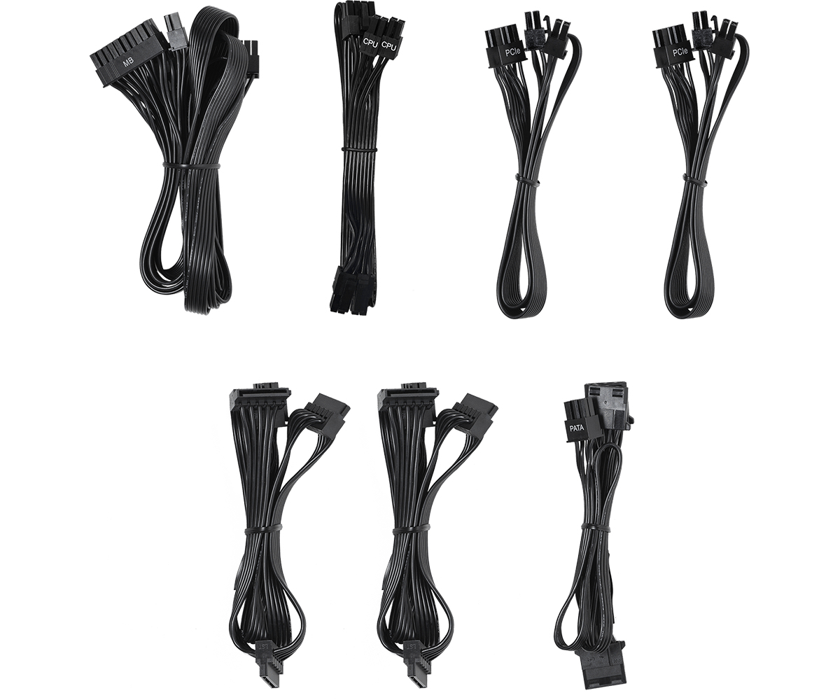 Asortyment czarnych kabli komputerowych, w tym złącza zasilania MB, CPU, GPU i SATA.