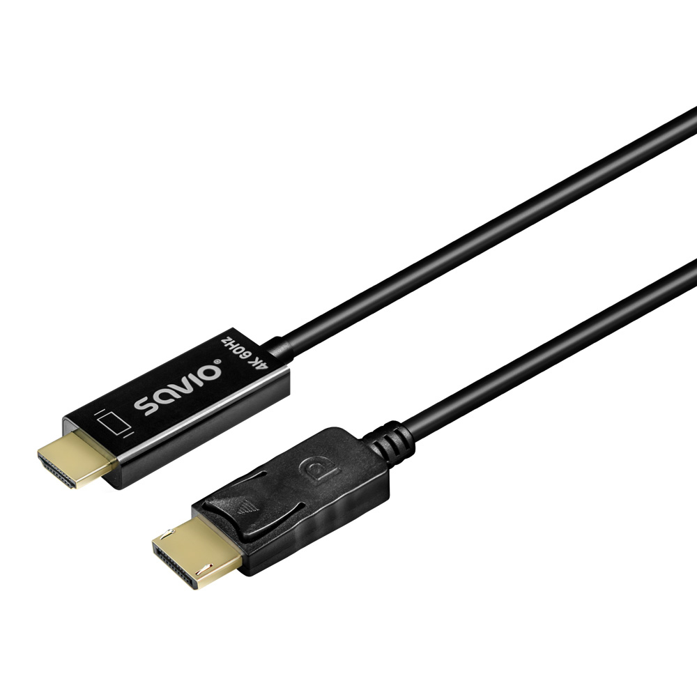 Czarny i złoty kabel HDMI do DisplayPort, widok z boku, na białym tle.