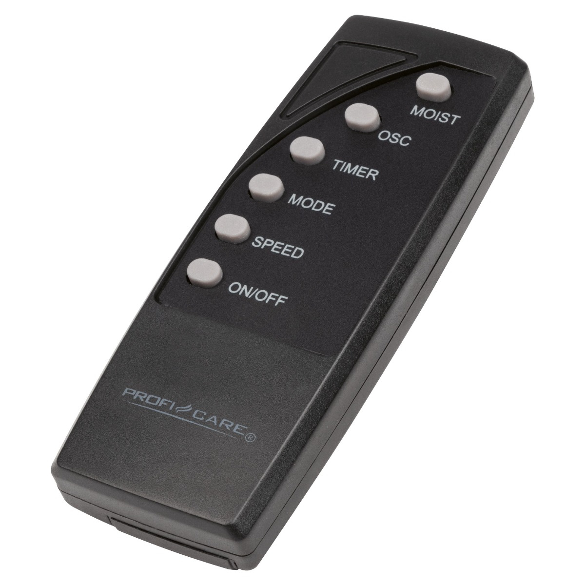 Czarny pilot z szarymi przyciskami oznaczonymi 'ON/OFF', 'SPEED', itp.