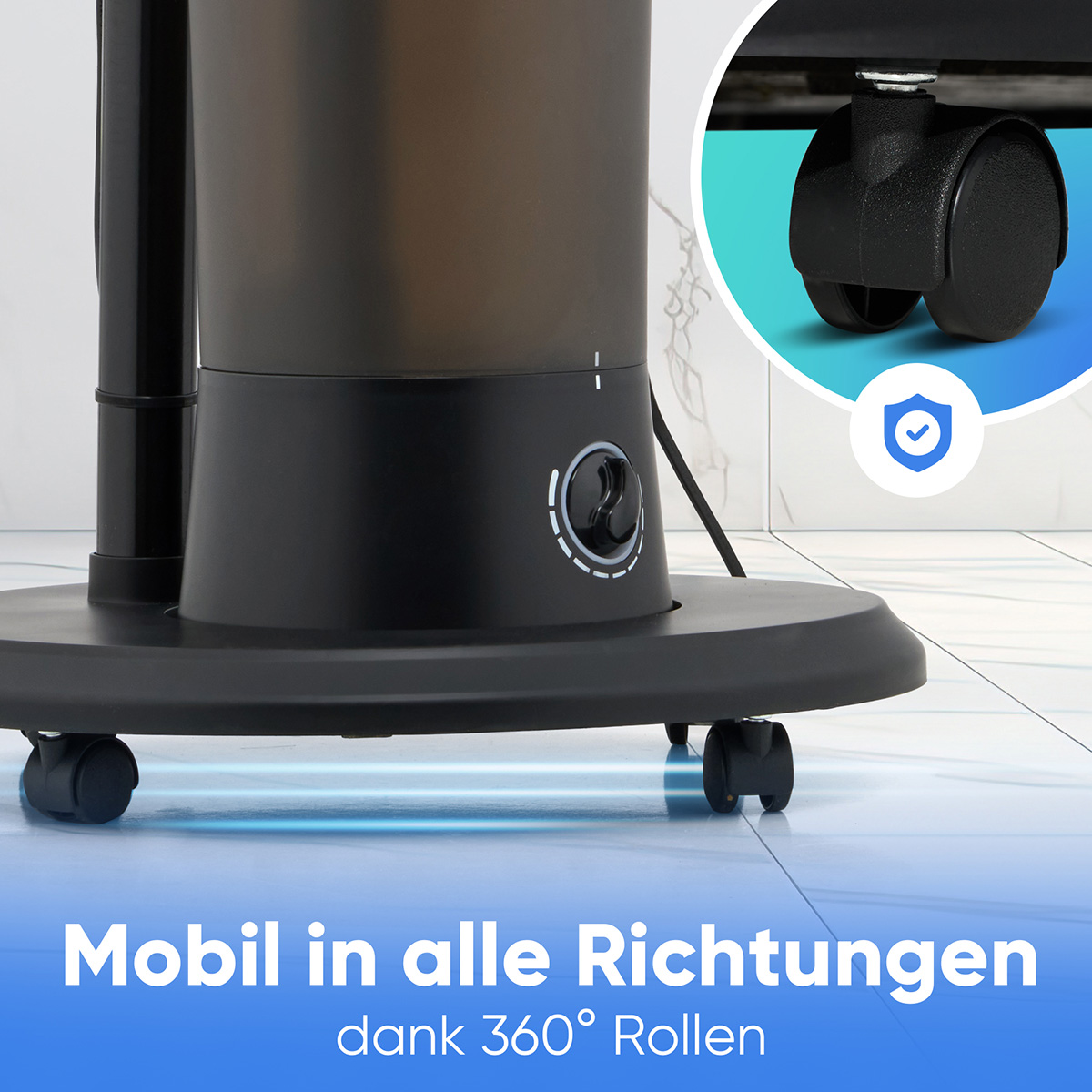 Zbliżenie czarnej podstawy wentylatora z kółkami i tekstem Mobilny we wszystkich kierunkach.