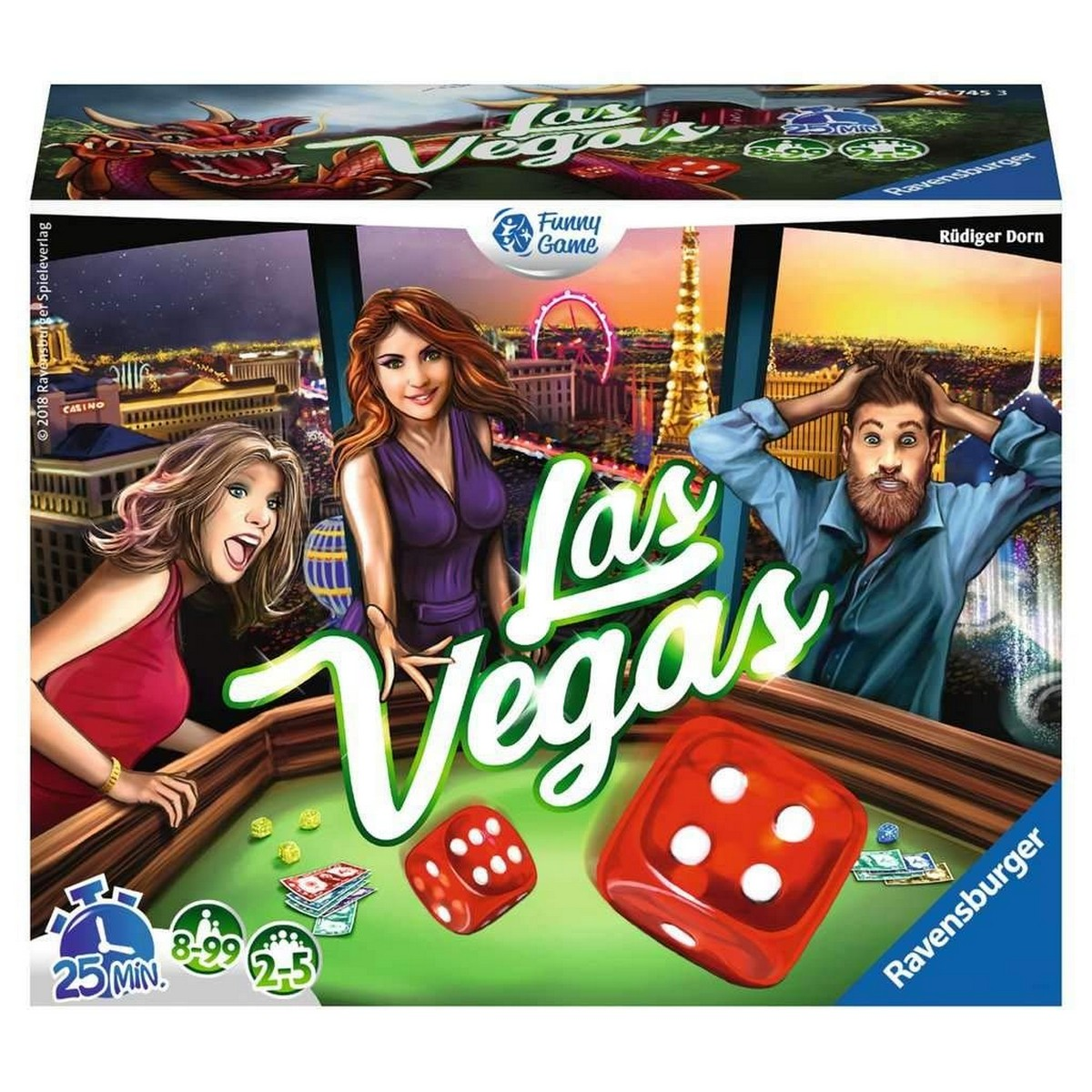 Pudełko gry planszowej 'Las Vegas', kości, ludzie, scena kasyna w tle.