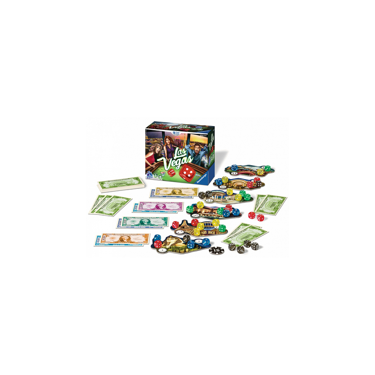 Elementy gry planszowej, w tym pieniądze, kości, plansze kasyna i pudełko Las Vegas.