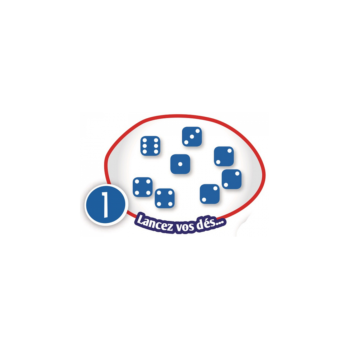 Grafika instrukcji rzutu kością z numerem '1' i symbolami kości.