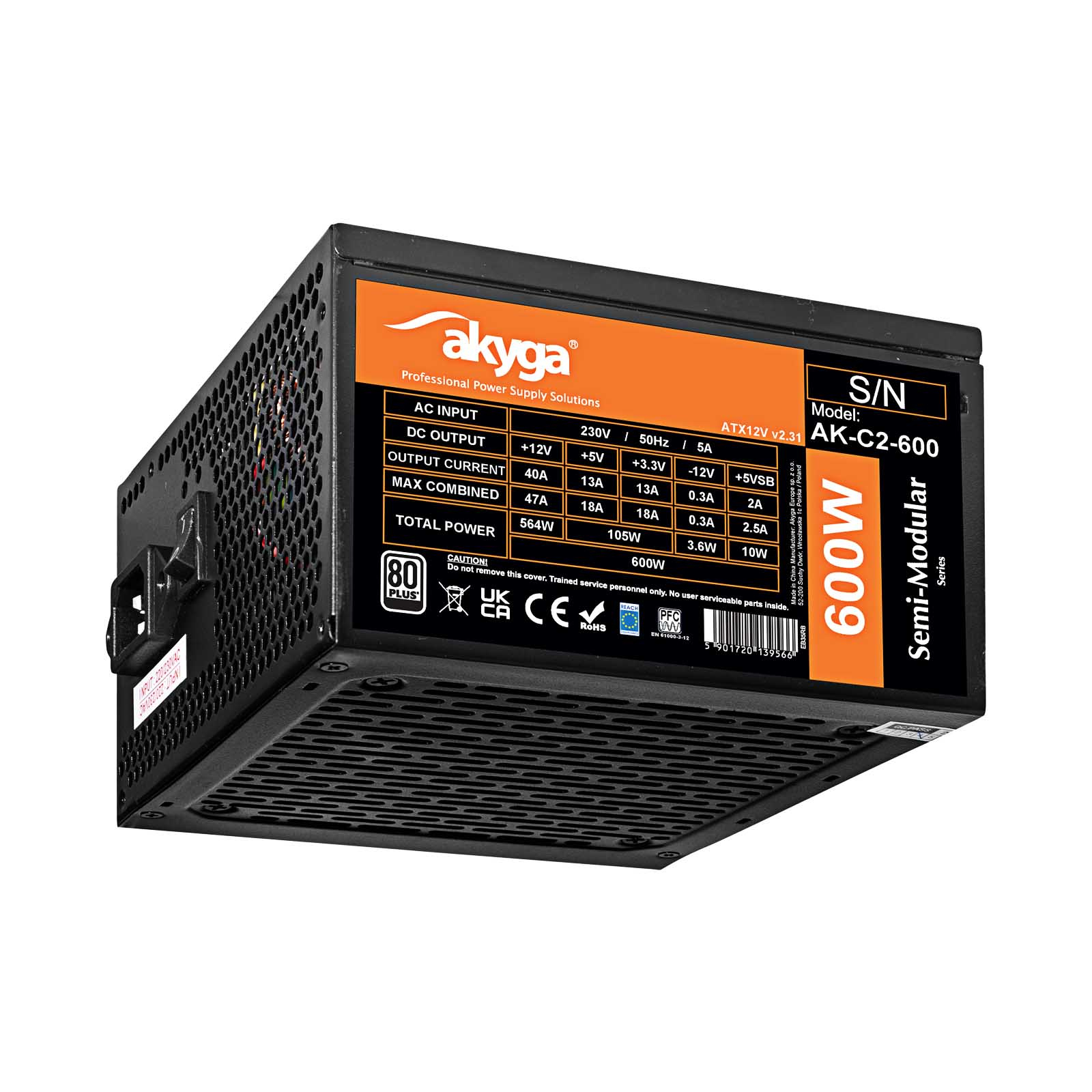 Alimentatore semi-modulare Akyga AK-C2-600W nero e arancione.