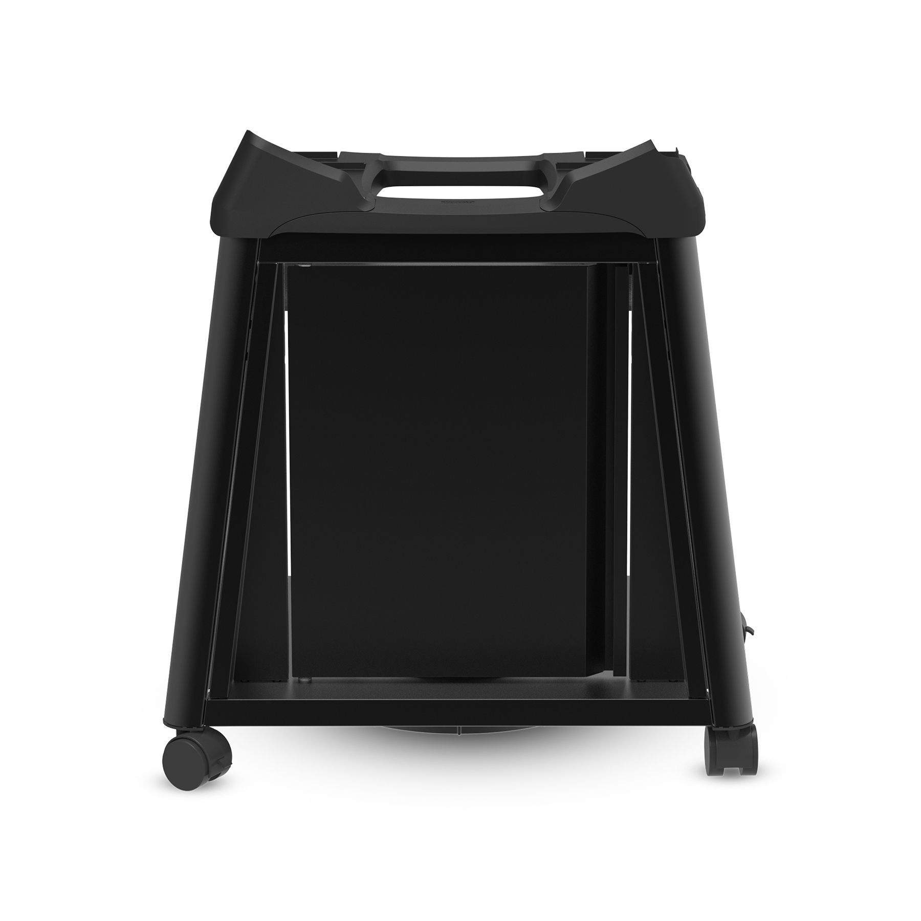 Un soporte negro con ruedas, una abertura rectangular y un asa, sobre un fondo blanco.