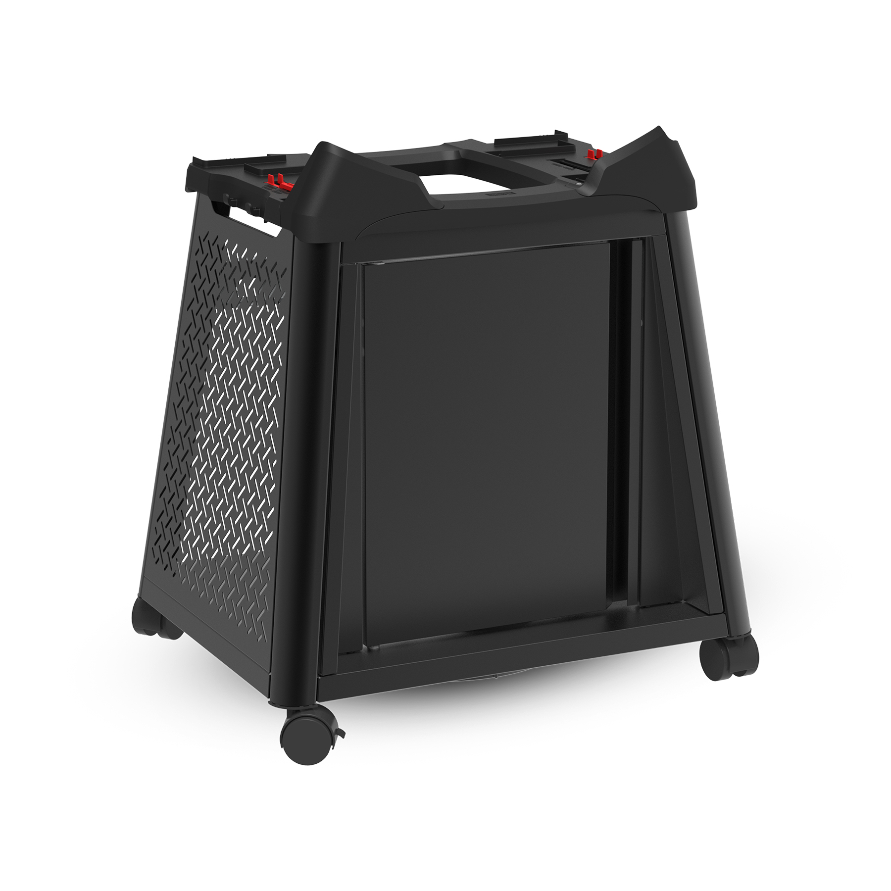 Soporte negro con diseño estructurado, sobre ruedas, con parte superior abierta y panel frontal.