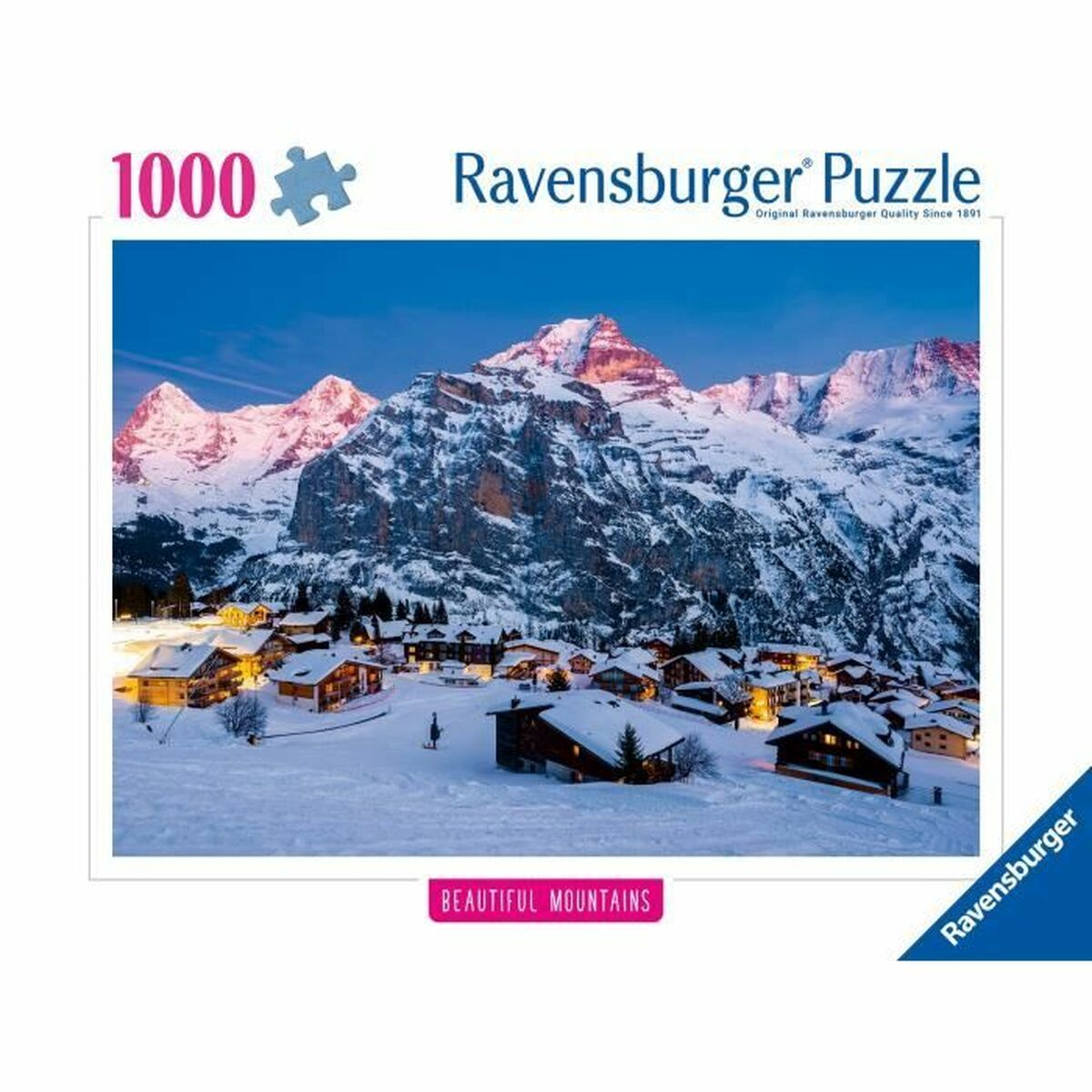 Puzzledose mit Winterszene eines Dorfes am Fuße schneebedeckter Berge.