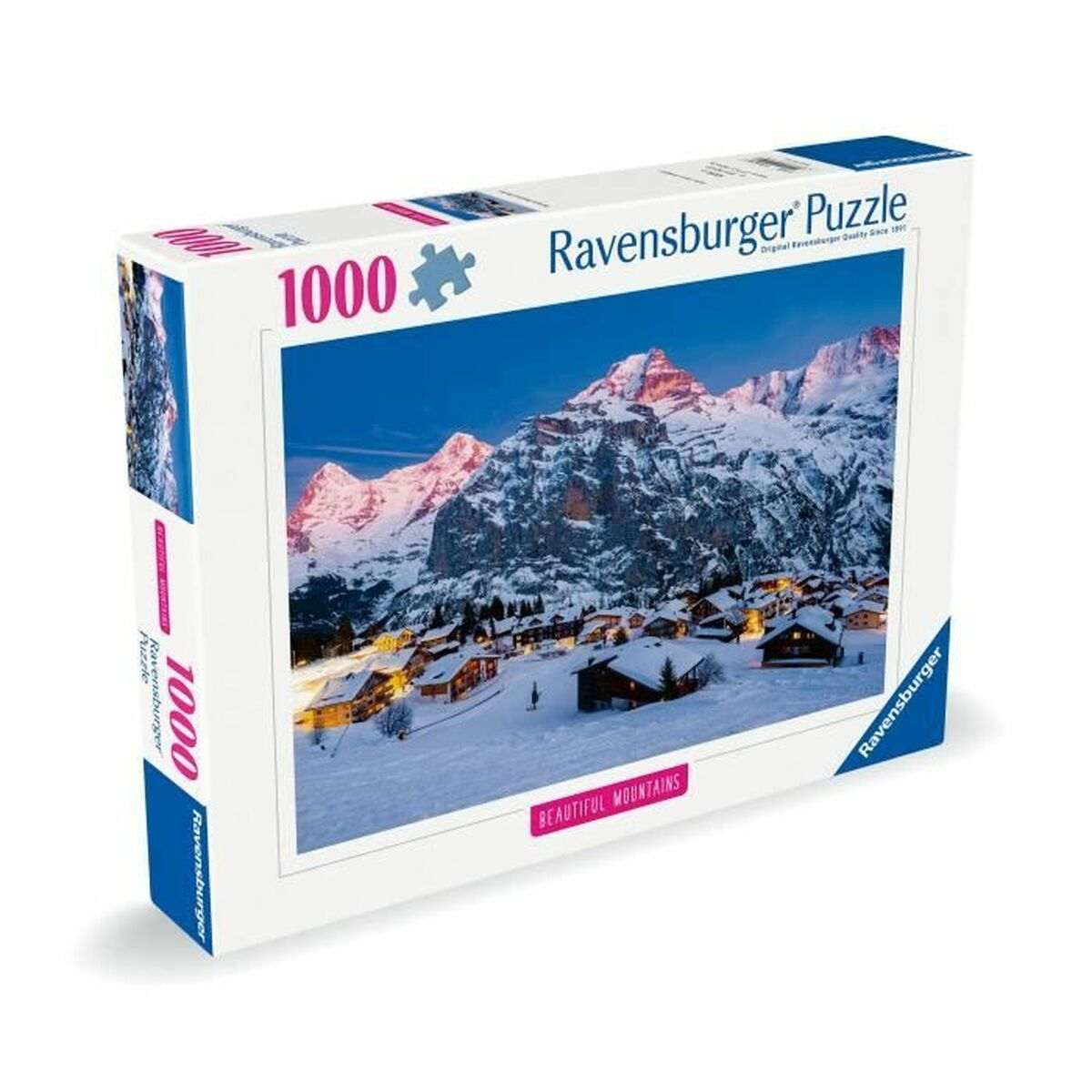Puzzledose mit Winterszene eines Dorfes am Fuße schneebedeckter Berge.
