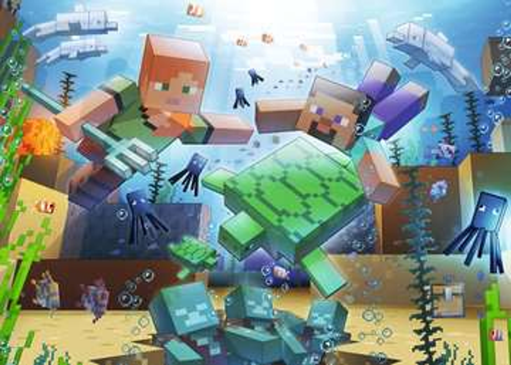 Scena di Minecraft con personaggi, tartarughe ed elementi subacquei.