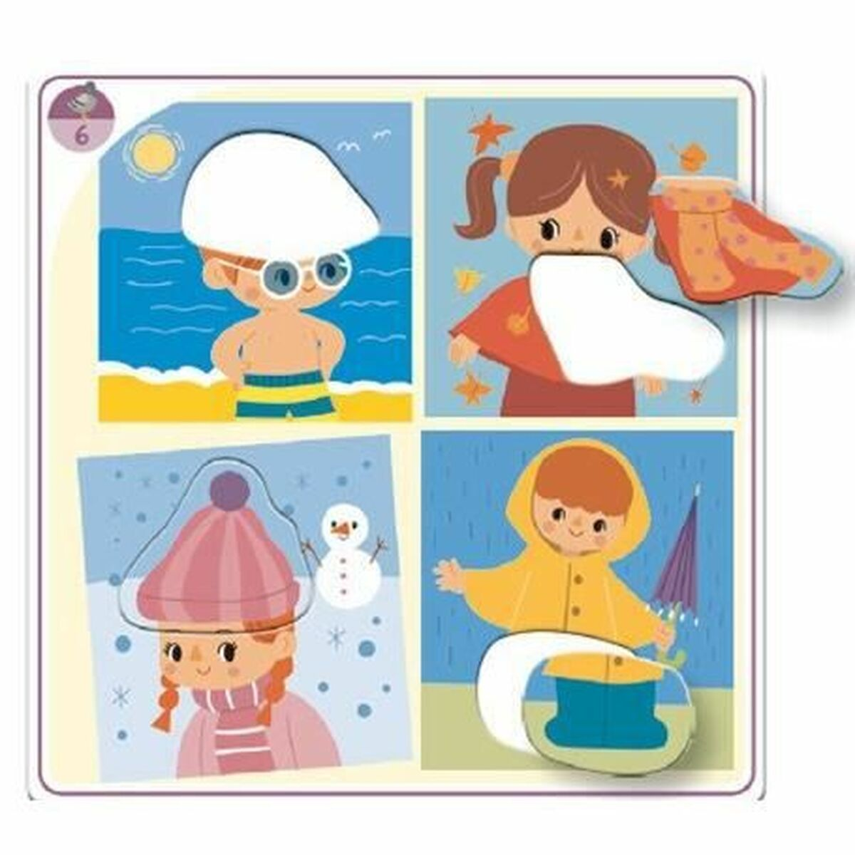 Puzzle con quattro immagini stagionali: ragazzo in estate, ragazza in autunno, ragazza in inverno, ragazzo sotto la pioggia.
