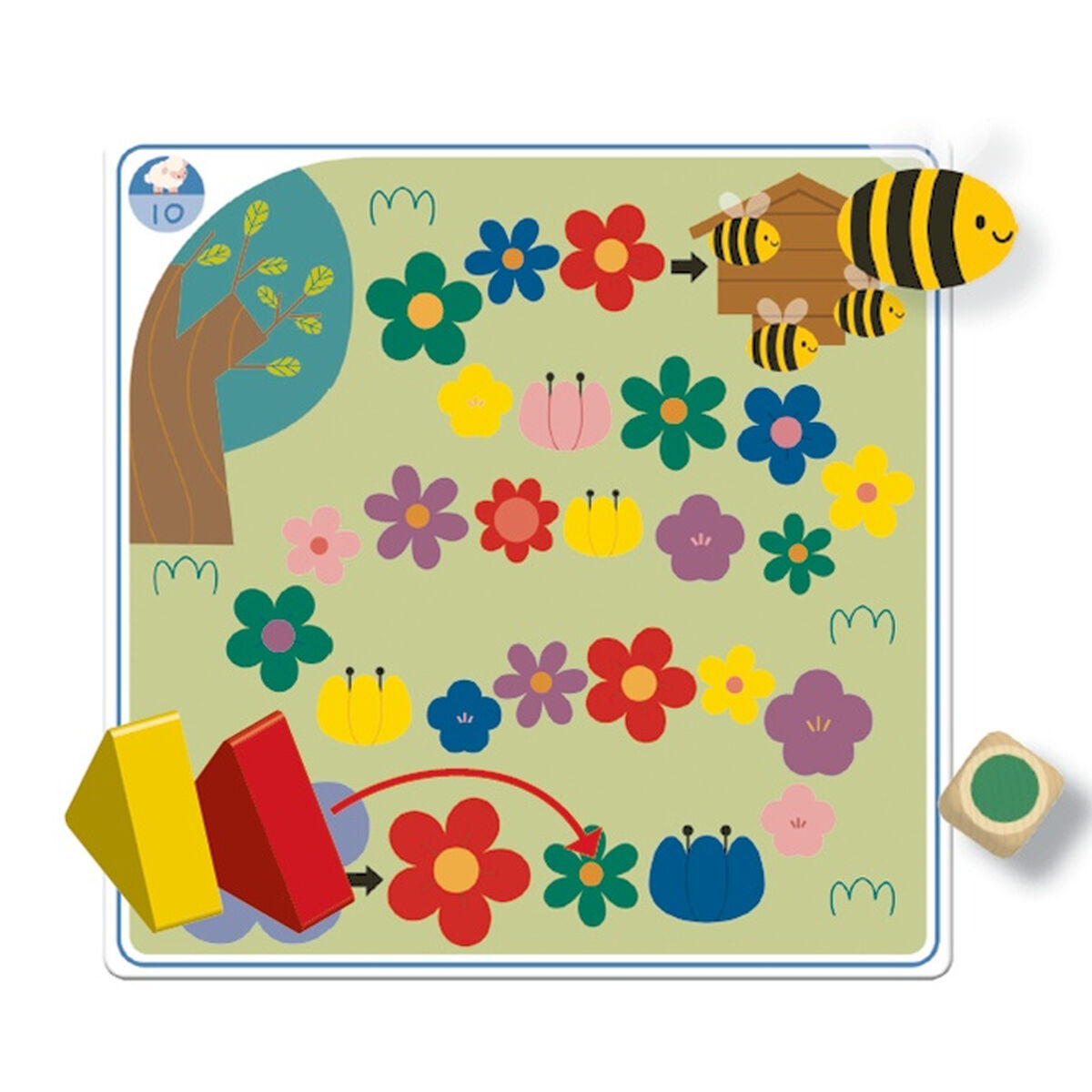 L'immagine mostra un gioco da tavolo con un'ape, fiori, un albero e blocchi colorati.