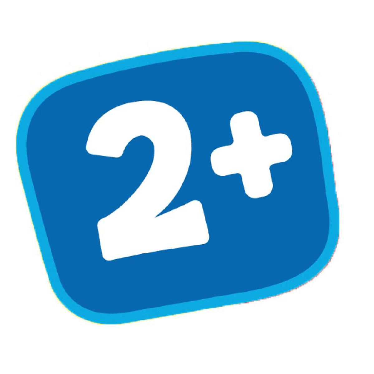 Un quadrato blu con testo bianco '2+'.