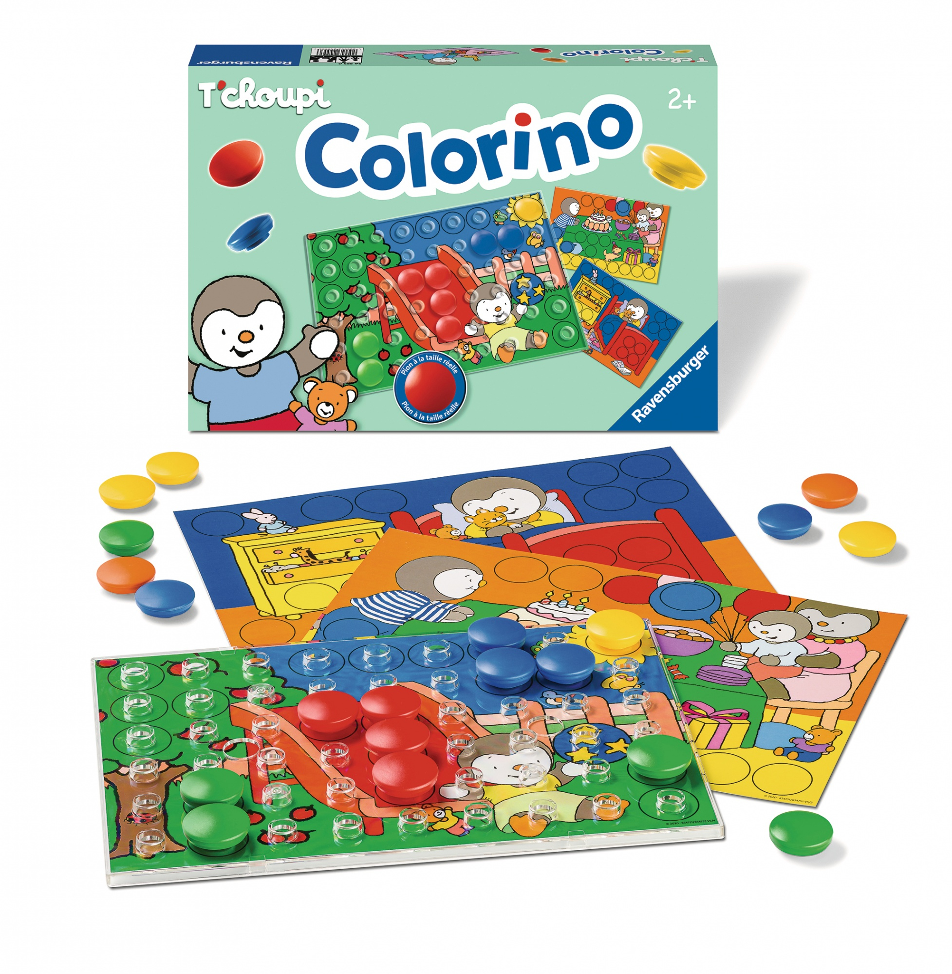 Scatola del gioco Colorino con pioli e carte colorate. Un personaggio dei cartoni animati e un orsacchiotto sulla scatola.
