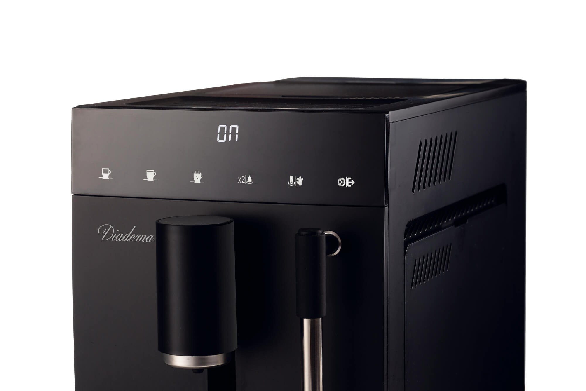 Cafetera negra con pantalla digital y botones de control. Muestra ON.