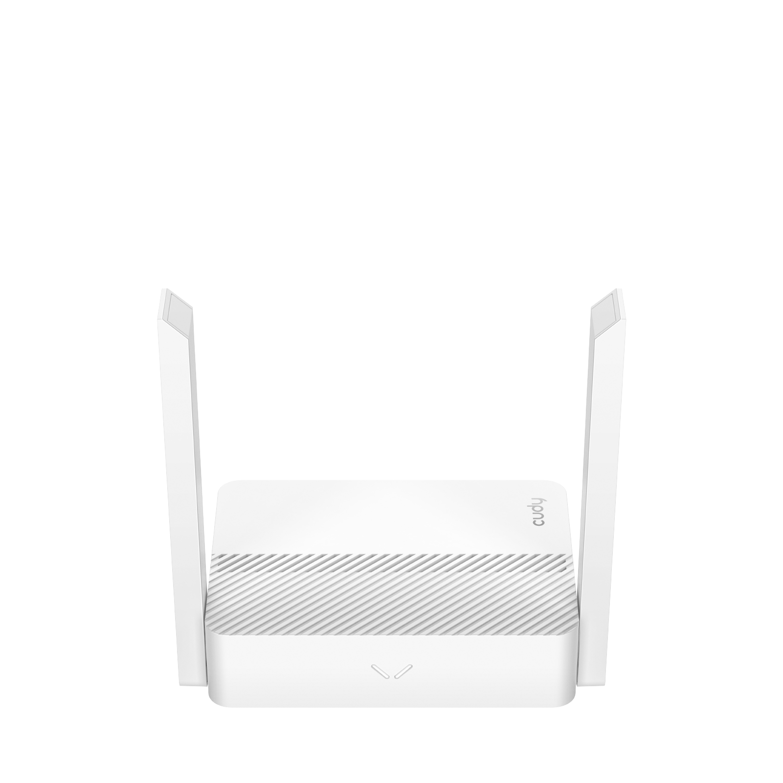 Biały router z dwiema antenami, z marką 'cudy'.