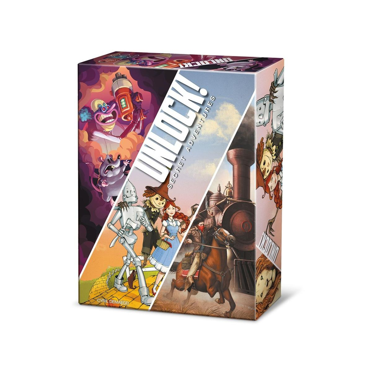 Pudełko z grą z ilustracjami z kreskówek z Unlock! Secret Adventures.